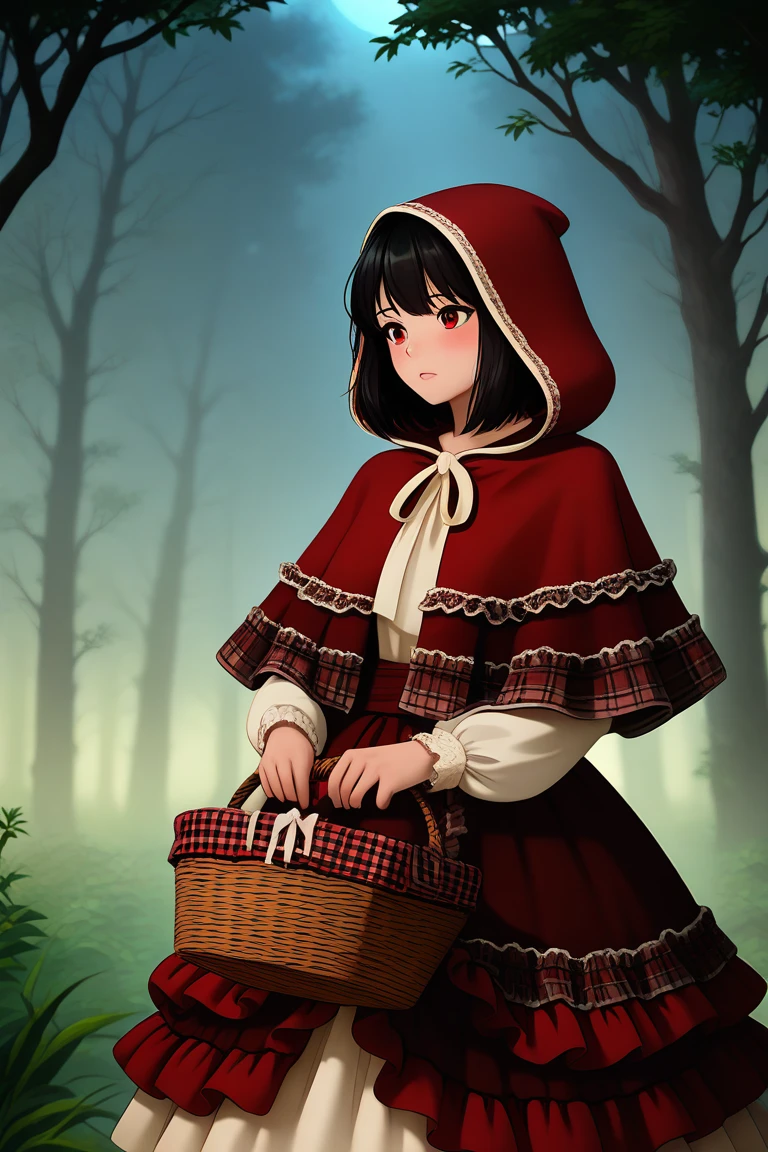 dark_forest, fog, winding_path, overgrown, tree_tunnel, moonlight, gothic, dark_fantasy, soft_lighting
,1girl,<lora:Red_hood_layered_dress:1>,,Red_hood_layered_dress,dress,red dress,long sleeves,frills,frilled dress,hood,red hood,capelet,red capelet,layered dress,holding basket, basket, masterpiece, best quality, amazing quality, newest