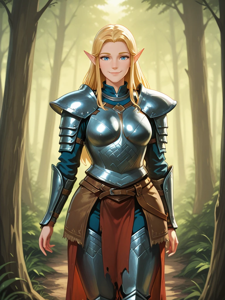 <lora:Laurana_Kanan__Dragonlance:0.7>
laurana,, long hair, blonde hair, pointed ears, blue eyes
armor, ggen,
standing in a forest, smiling at viewer