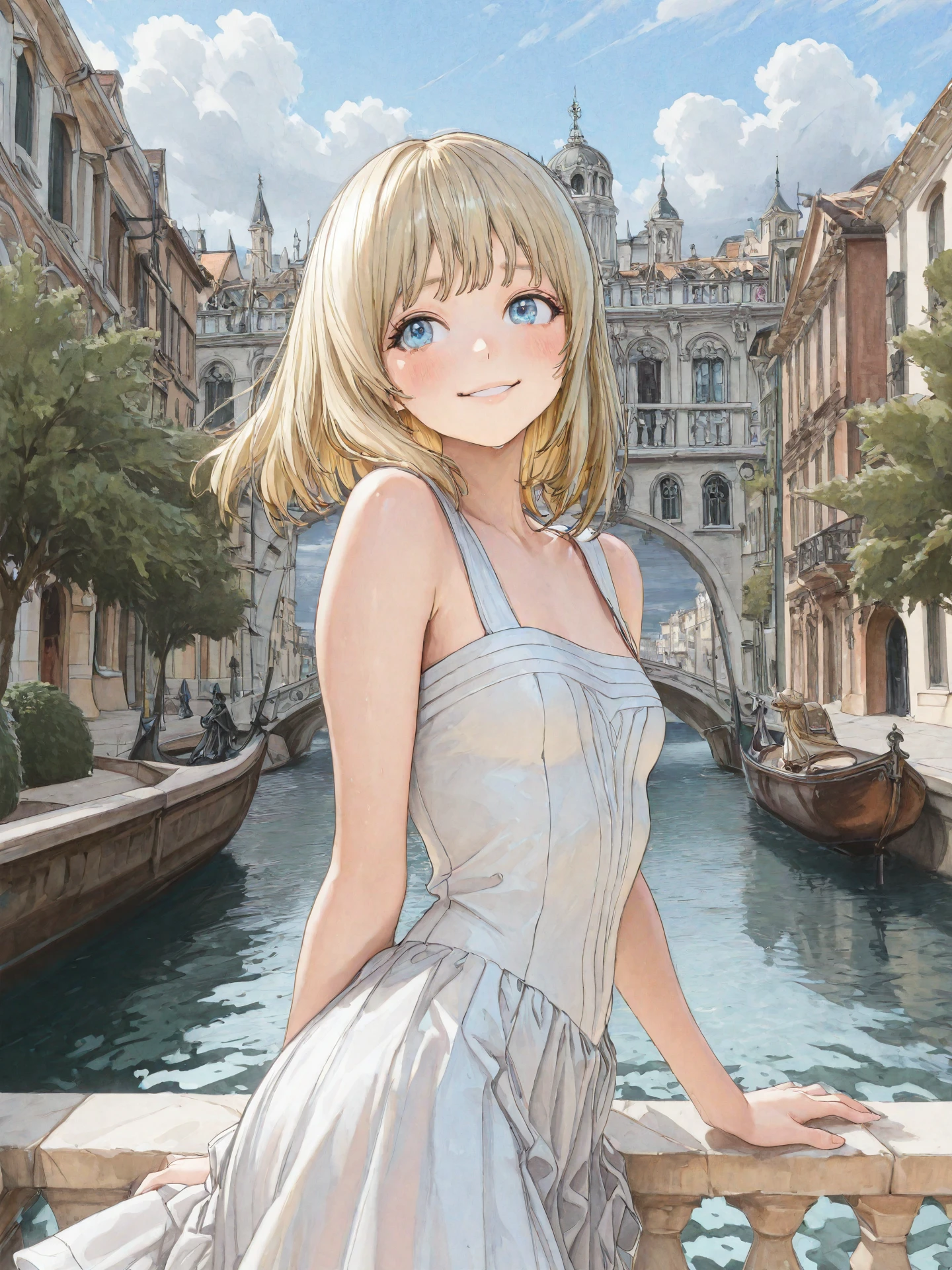 <lora:Lunafrena_L_0R:0.7>, <lora:CC_Aesthetic_Masterpiece_1:1>
<lora:ST_Hiro_Dismaless_0R:0.9>, hirodismaless
lunafrena-l, blue eyes, blonde hair, medium hair, bangs, small breasts
white dress, sleeveless
masterpiece, best quality, amazing quality, very aesthetic, absurdres, highres, detailed background, anime style
1girl, (detailed eyes:1.2), (detailed face:1.2), detailed skin
facing viewer, looking at viewer, dynamic pose, blush, smile
(outdoors, fantasy, venice, italian architecture, town, canal, tree, bush)