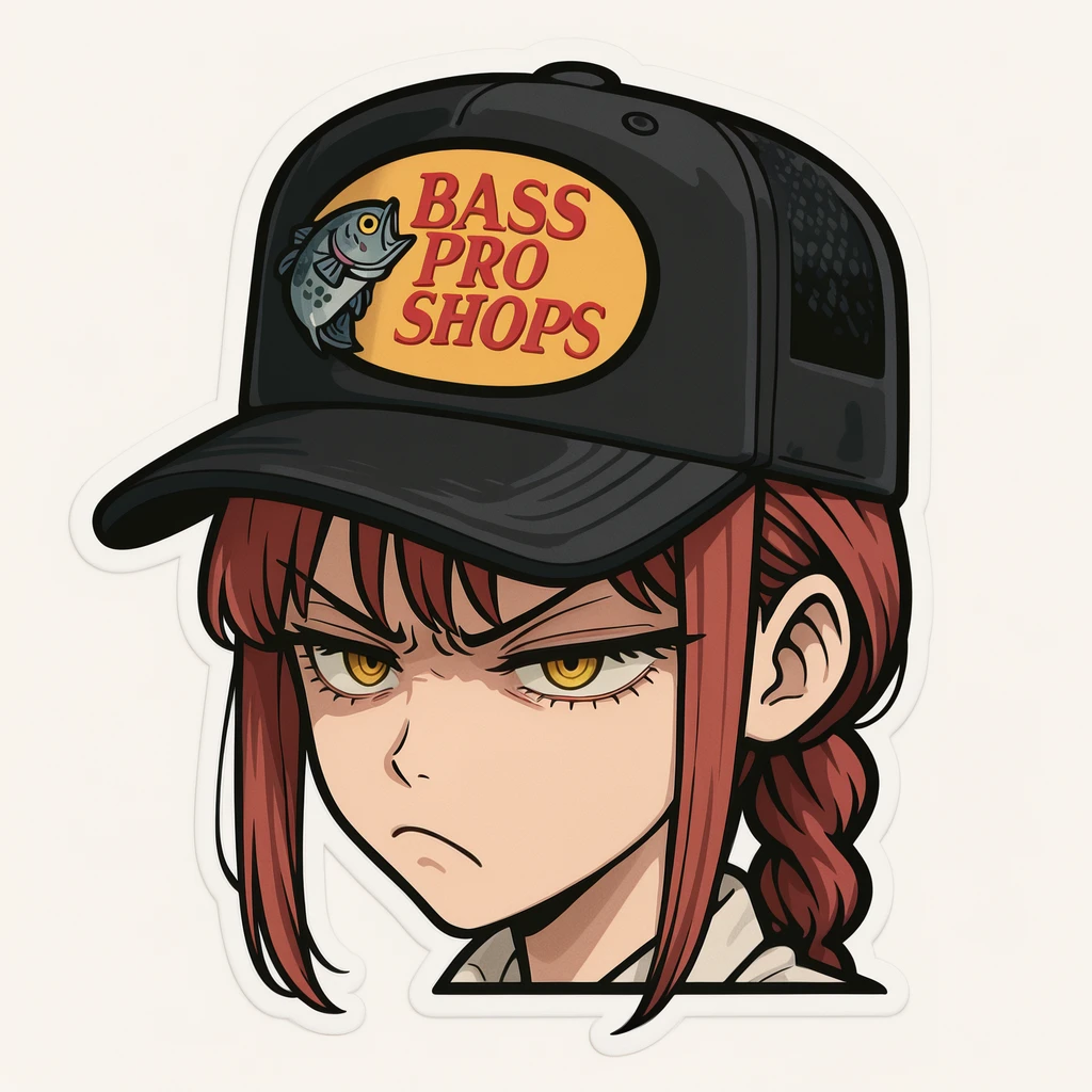 embedding:IllusP0s, peeker sticker, white background, 1girl, solo, bass pro shops hat, makima_\(chainsaw man\), annoyed, yellow eyes, fish logo,<lora:peek sticker_illustrious.safetensors:1.0:1.0> <lora:bass_pro_shops_hat_illustrious.safetensors:1:1>
