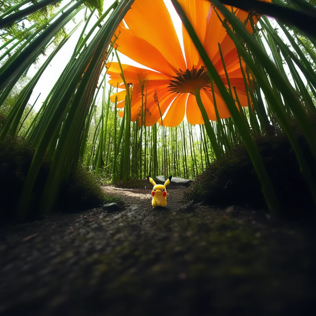 orange flower, MgtinyWrld_yrd, road, pokemon (creature), bamboo forest, MgtinyWrld_fld, mgtinywrld_yrd, dutch angle, tree, sunlight, still life, path, flower field, sky, rock, mgtinywrld_fld, moss