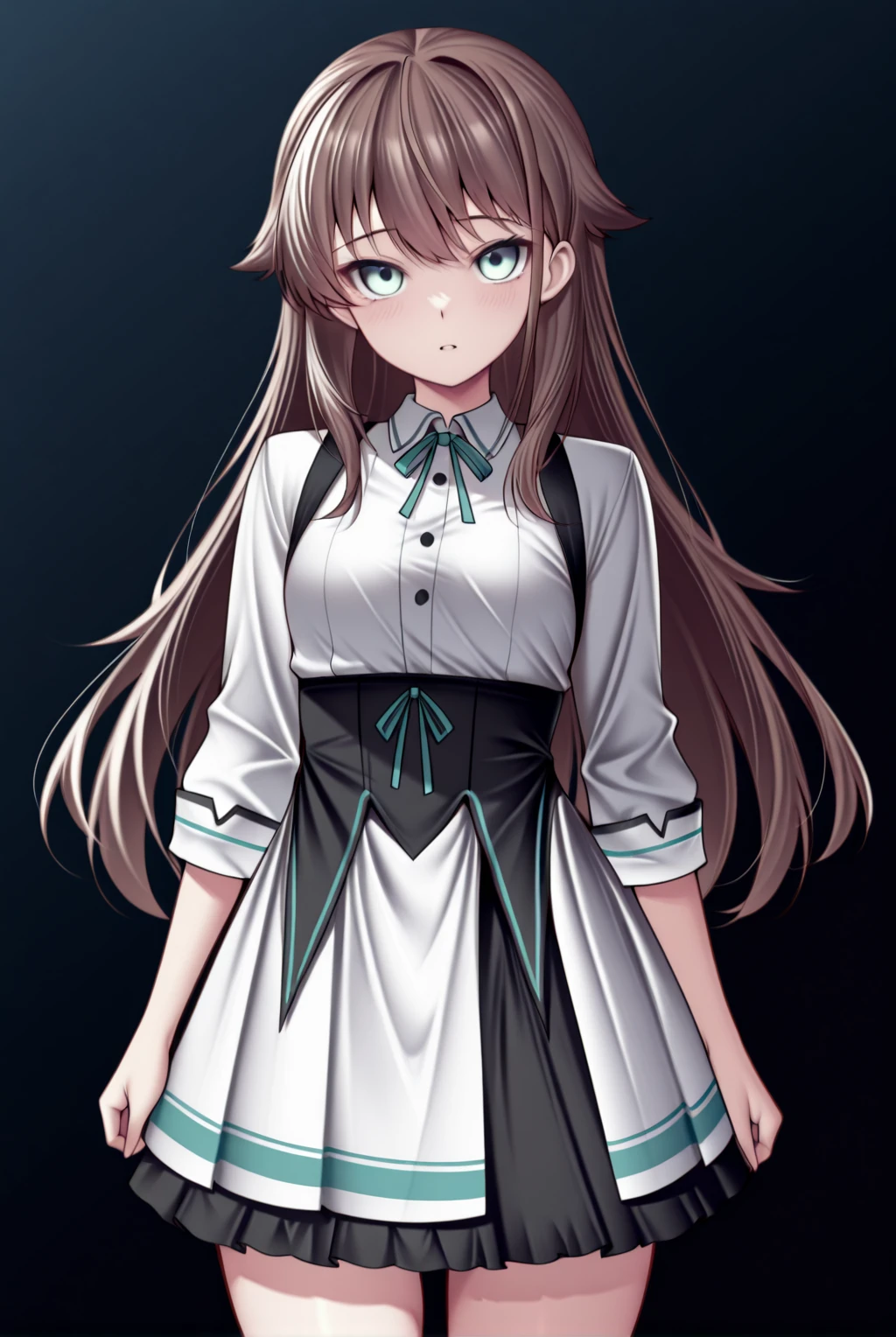 1girl,cowboy shot, <lora:KanaNebelWaitressReBornV1:.8>,kanascafeoutfit dress,Kashiwazakikana ,aqua eyes,dark,dynamic pose, <lora:Kashiwazakikana-OnlyCharV3-IXL:.85>,straight-on, long hair,hair flaps,brown hair,small breasts,