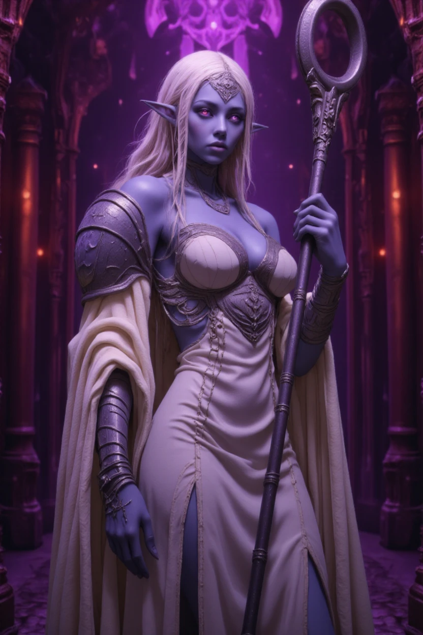 high resolution photo of a drow female with long white hair and glowing purple eyes wearing, Pr13st1y_R0b3s, while holding a staff underground. the oily black skin of her bare shoulders glows in the ethereal purplish-pink light of the city of menzoberranzan as the reflective metal of her armor glistens. The ribbed white fabric of her gown contrasts with the reflective metal of her armor