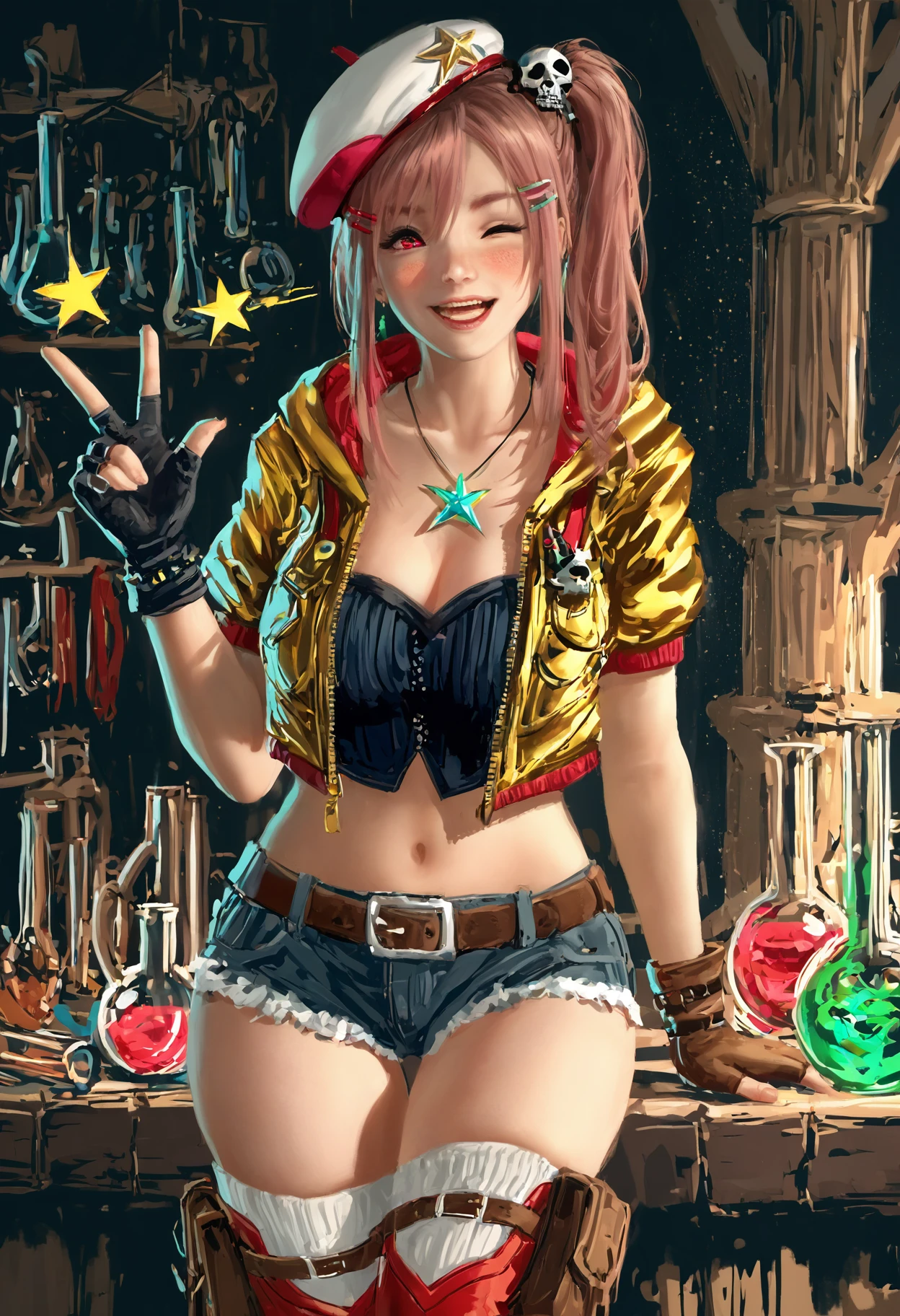 masterpiece,best quality,amazing quality,absurdres,aesthetic,newest, honoka \(doaxvv\), red eyes,pink hair,long hair, one side up, asymmetrical bangs, hair between eyes, sidelocks, skull hair ornament large breasts, one eye closed, jewelry, necklace, hair ornament, thighhighs, cleavage, smile, open mouth, hat, hairclip, gloves, short shorts, looking at viewer, belt, star \(symbol\), thighs, white headwear, star necklace, collarbone, ;d, flask, white thighhighs, single glove, blush, beret, thigh boots, thigh gap, brown gloves, yellow jacket, boots, round-bottom flask, navel, teeth, jacket, vial, brown belt, thigh pouch alchemy laboratory, medieval workshop, arcane study, mystic atelier, potion brewing room, glass distillation flasks, copper alembics, bubbling retorts, crystal vials, iron crucibles <lora:doa_honoka_rouwei07_vpred_v10:1.0000000000000002>