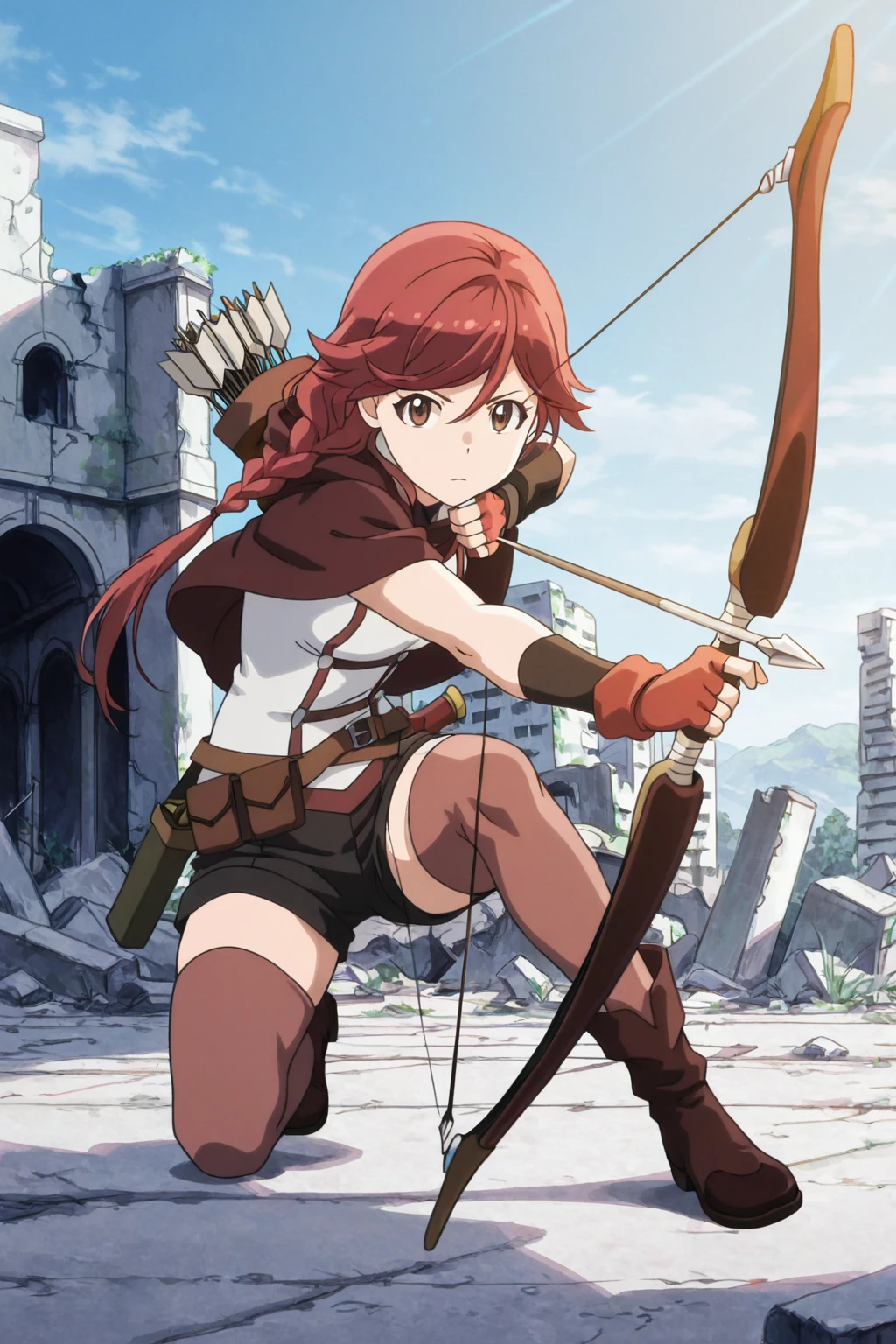 anime screenshot,watercolor,best quality,extremely detailed cg unity 8k wallpaper,ray tracing, cinematic lighting,dynamic pose,ruins,outdoors,sky,one_knee,drawing_bow,arrow,quiver,scabbard,yume1,thighhighs, fingerless_gloves, boots,cape,red_hair,single_braid,brown_eyes,<lora:yume_ill:0.9>
