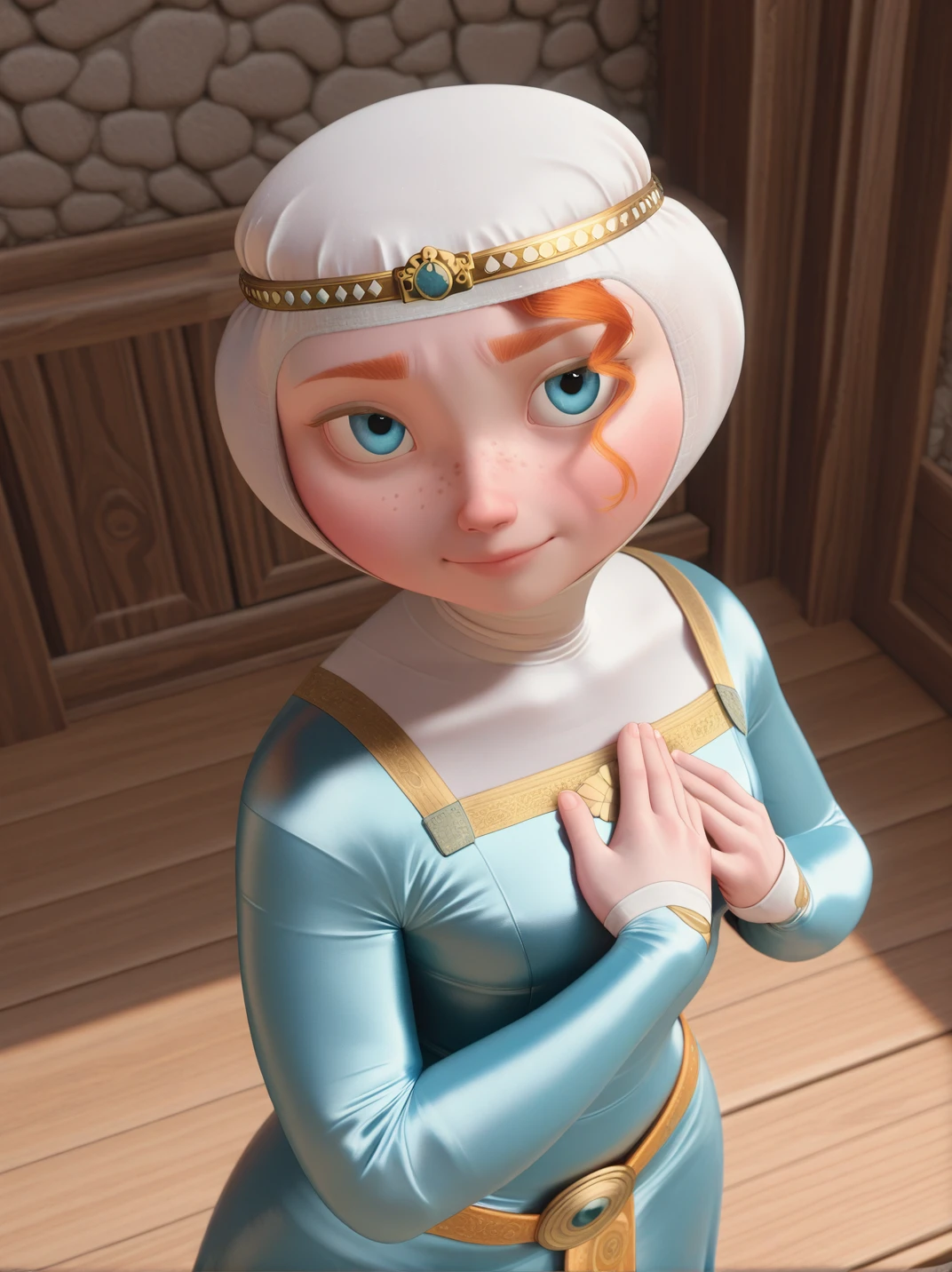 highres, hi res, best quality, masterpiece, official style, screencap,
1girl, (MeridaXL:1), blue eyes, freckles, aqua dress, long sleeves, white wimple,
light smile, dutch angle, sexy pose, (hands on chest, shy, from above:1.1), from side, looking at viewer, solo, dynamic pose, cowboy shot, head tilt, sexually suggestive, indoors, medieval, daylight, portrait,
<lora:MeridaBraveXLV2_Character:1>