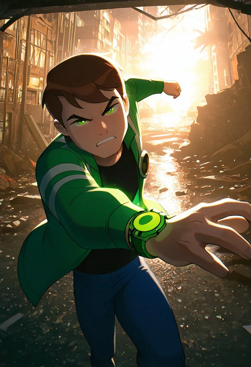 masterpiece, best quality, amazing quality, very aesthetic, absurdres, newest, detailed background,
solo, benuaf, 1boy, , open jacket, black shirt, long sleeves, thick eyebrows, angry,, wide face, wide head,
1boy, short hair,, brown hair, green jacket, blue pants, green eyes, green watch,
destroyed city, glowing watch, watch glow, dynamic pose,
re4lity_sync_illu, foreshortening, scenery, photo background, dim_lighting,hot_palette,soft light