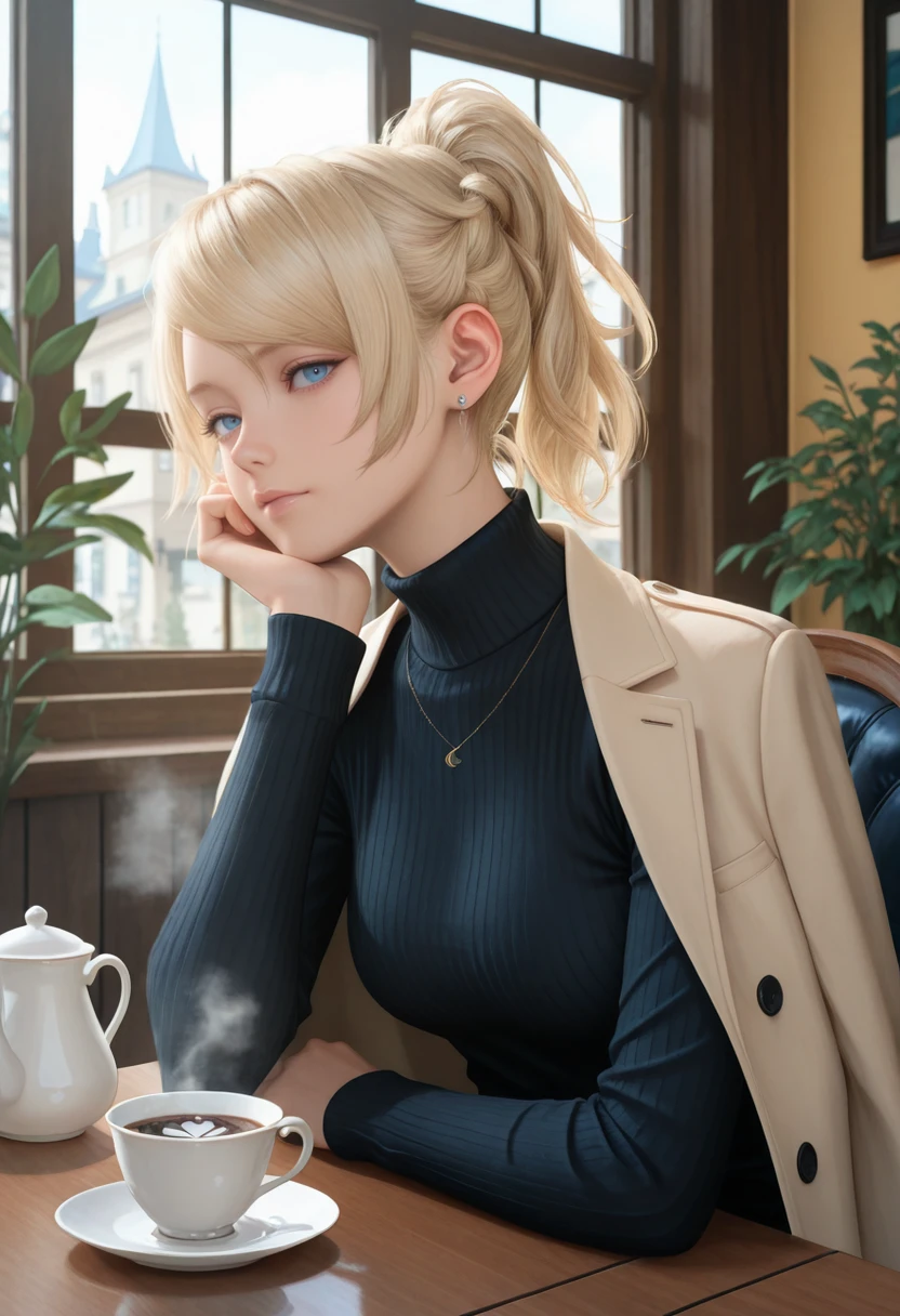masterpiece, very aesthetic, best quality, absurdres, newest, solo,
<lora:ILFFLuna:1>
FFLuna, 1girl, blonde hair, ponytail, blue eyes, looking at viewer, black sweater, jewelry, earrings, coffee, window, jacket on shoulders, long sleeves, teacup, indoors, sitting, head rest, plant, steam, cafe, table, turtleneck sweater