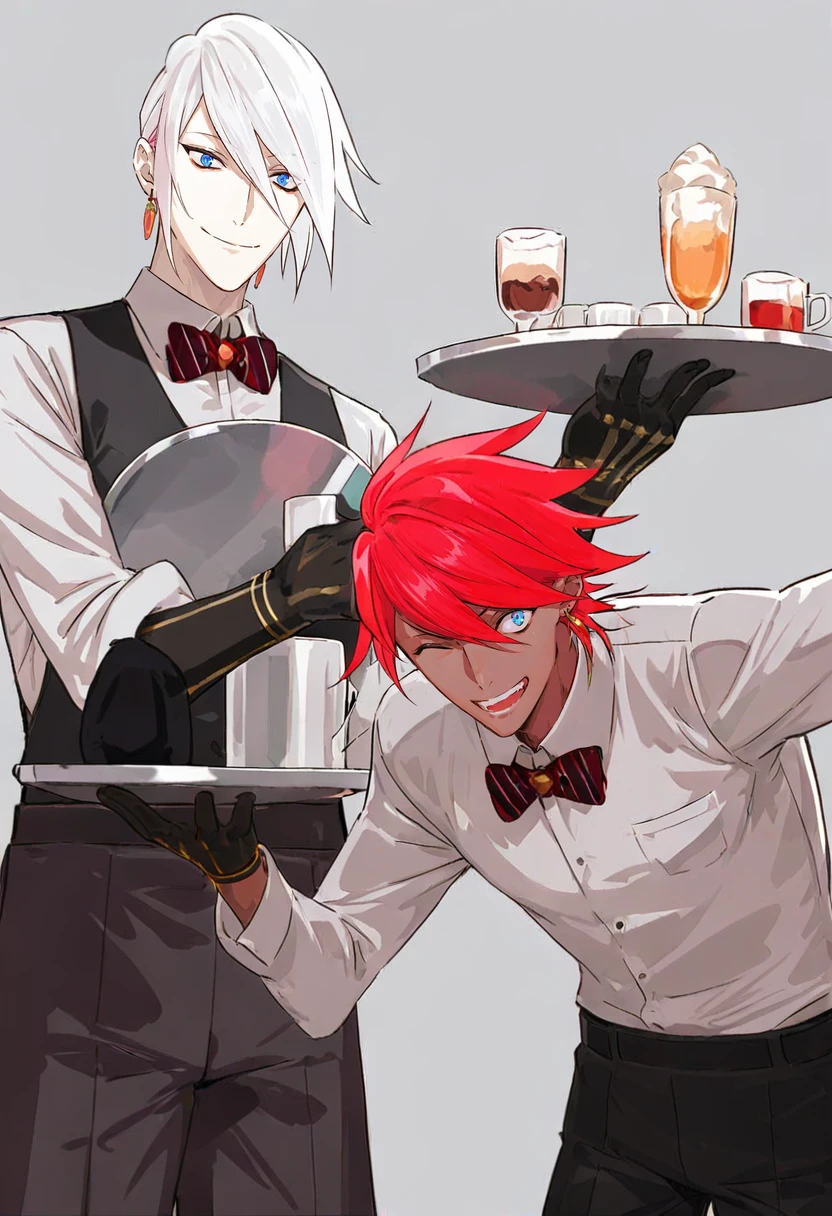 multiple boys, karna \(fate\), 2boys, white hair, male focus, dark skin, dark-skinned male, red hair, blue eyes, alternate costume, tray, smile, gloves, bow, bowtie, closed eyes, shirt, white background, pale skin, cup, earrings, jewelry <lora:pakoXL_il1_lokr_V6311P:0.95>