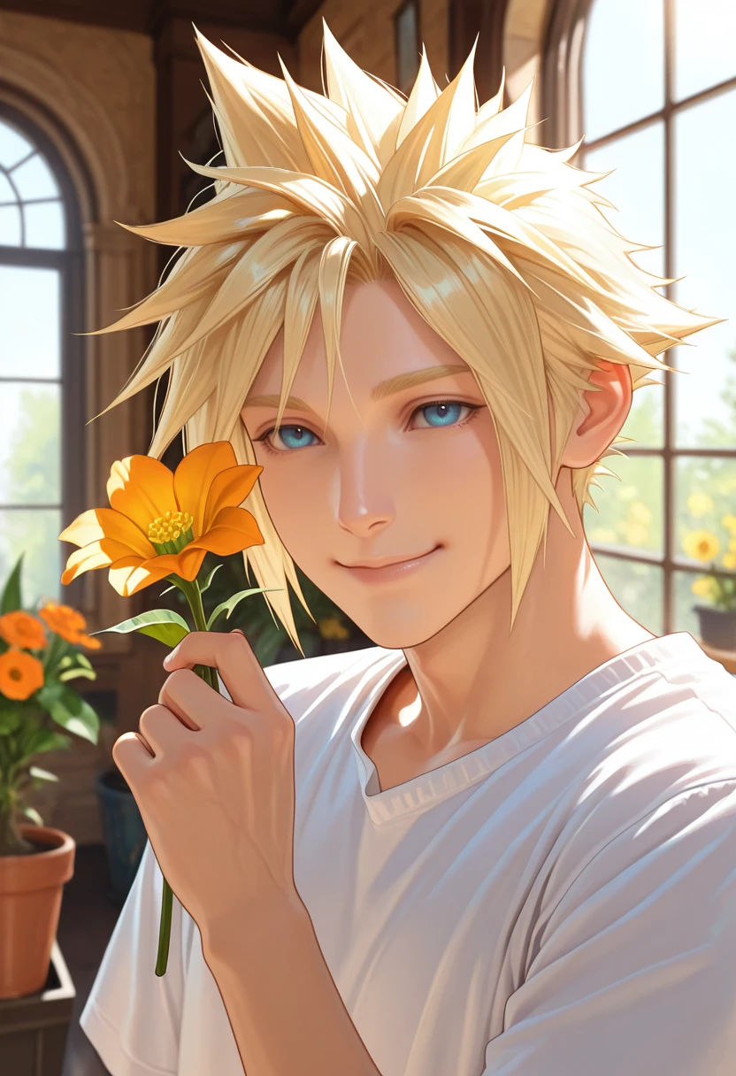 masterpiece, very aesthetic, best quality, absurdres, newest, solo,
<lora:ILFFCloud:1>
FFCloud, 1boy, blonde hair, spiked hair, blue eyes, male focus, holding flower, window, indoors, smile, upper body, potted plant, yellow flower, blurry background, sunlight, orange flower, day, depth of field, hand up