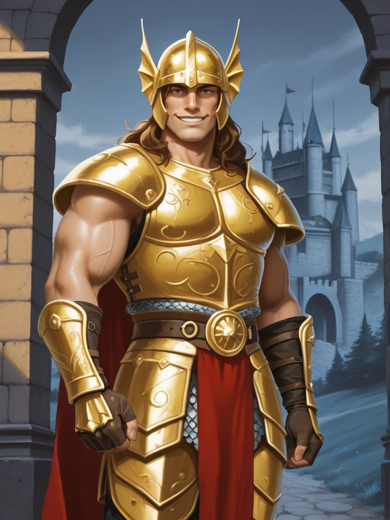 <lora:Caramon_Majere__Dragonlance:0.7>
caramon,
long hair, brown hair, brown eyes,,
masculine, male, muscular
helmet, armor,,
standing in a castle, cowboy shot, smiling, looking at viewer