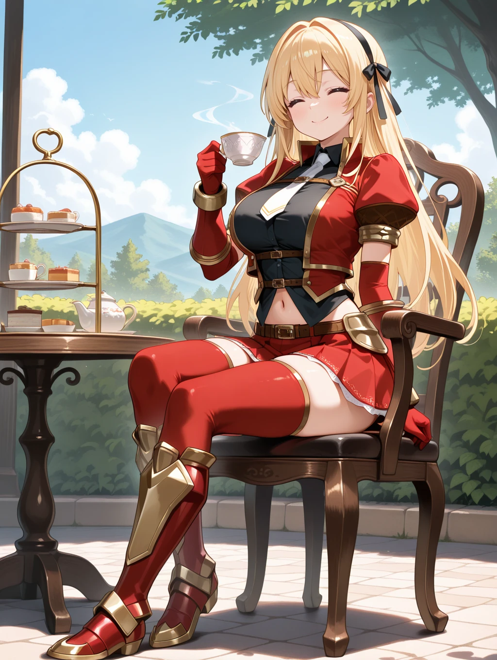 full azure armor,1girl,solo,blonde hair,long hair,large breasts,navel,smile,closed eyes,looking at viewer,brown choker,red cropped jacket,red miniskirt,red armored gloves,red thighhighs,black hair ribbon hairband,red armored boots,siting,holding teacup,tea party,black shirt,white tie,chair, outdoors
masterpiece,best quality,amazing quality,very aesthetic,absurdres,newest,<lora:Azure Armor illusXL v1:0.7>,