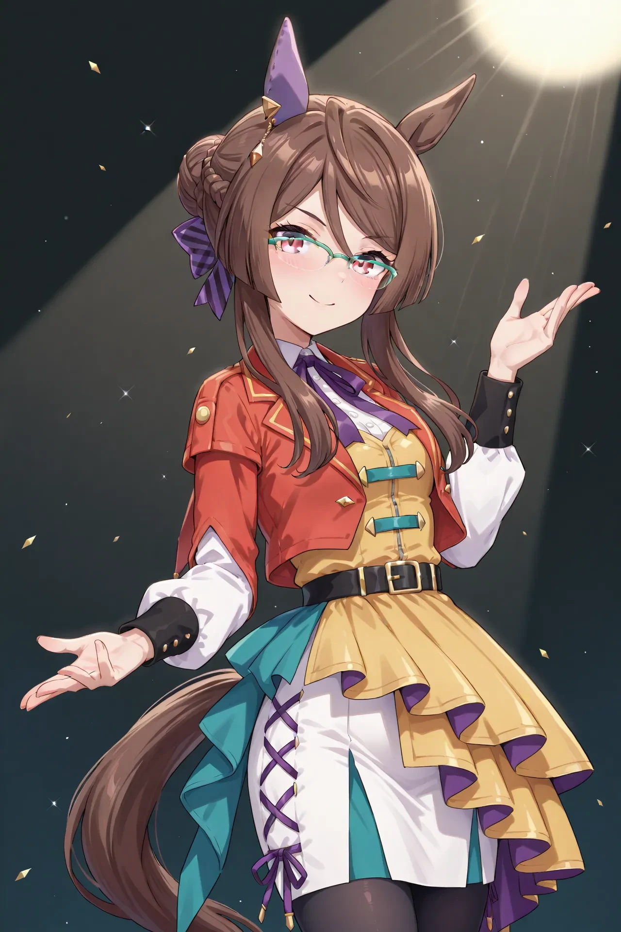 royce and royce \(umamusume\),horse ears,horse girl,horse tail,glasses,green-framed eyewear,brown hair,hair between eyes,red eyes,hair bun,long hair,very long hair,ear cover,long sleeves,purple bow,purple ribbon,ribbon,red jacket,jacket,yellow shirt,shirt,waist cape,white skirt,pantyhose,<lora:Royce_and_Royce:0.8>,
cowboy shot, smile, pose,spotlight,