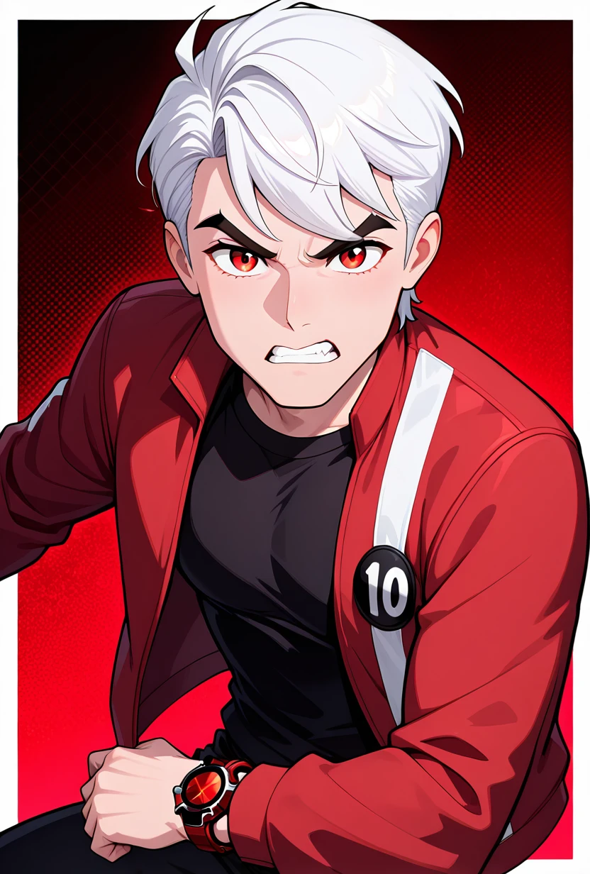 <lora:benuaf-08:1> benuaf, short hair, 1boy, white hair, pure white hair, red theme, red jacket, open jacket, black shirt, long sleeves, thick eyebrows, black pants, red eyes, red watch, dark red background, showing off red watch, angry, clenched teeth, red watch, showing watch, looking at viewer, arm forward, wide chin,, masterpiece, best quality, amazing quality, very aesthetic, absurdres, newest,, upper body, halftone effect, white borders, abstract background:1.2,