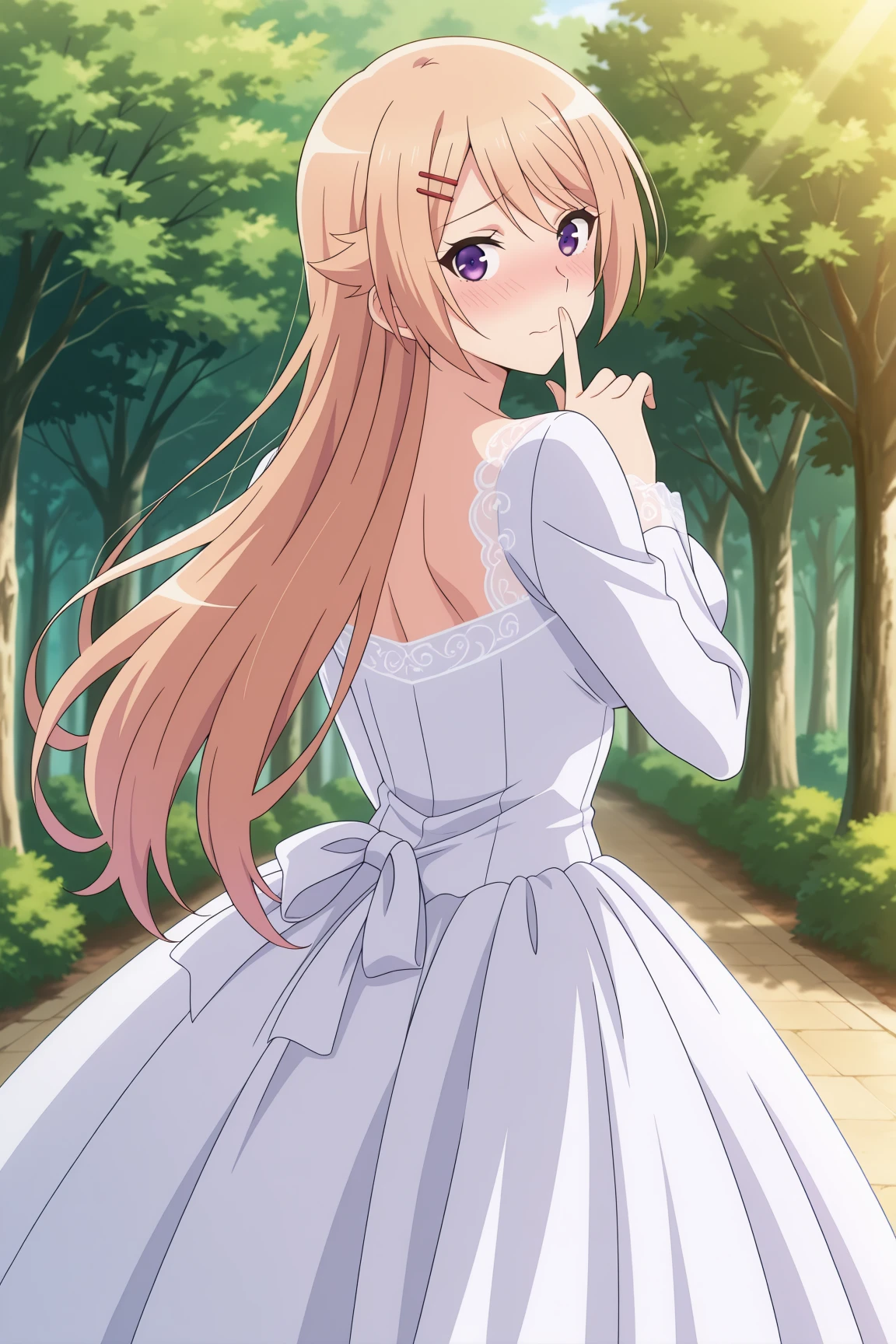 best quality, official art, anime screenshot, anime coloring, wedding dress, full dress, long sleeves, , outdoor, from behind, looking back, looking at viewer, embarrassed, blushing, shy, finger to lips, shushing, 1girl, solo, medium breasts, long hair, bangs, blonde hair, purple eyes, hairclip, kujou_shion, <lora:RGV_Shion_SNDK:0.9>
