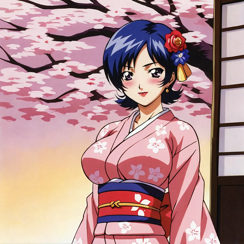 <lora:Marilyn_pony_v1:1> Marilyn, 1girl, solo, big breasts, blue hair, short hair, lipstick, muscular, makeup, cowboy shot,, japanese clothes, kimono, hair ornament, blush, hair flower, pink kimono, sash, obi, floral print, wide sleeves
