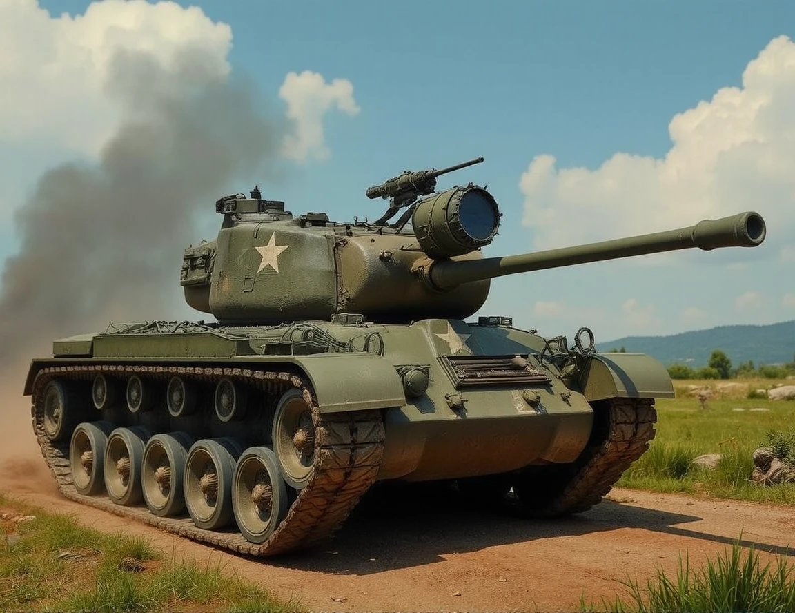 sketch of a battlefield, Masterpiece, Top quality, Korean War (1.5), Harsh battle atmosphere (1.4), Smoke lines (1.1), Exquisite weapons (1.0), Atmospheric lighting (1.1), Cinematic composition (1.2), European landscape circa 1950, Historical accuracy (1.4),,<lora:m46:1>,m46,
This is the US Army's M46 tank.Trackbelt, wheels.Equipped with a searchlight at the front of the turret.White Star. from side view.A machine gun mounted on the turret.Headlights, headlight guards, shovel, on-board tools, and on-board machine gun on the front of the vehicle.