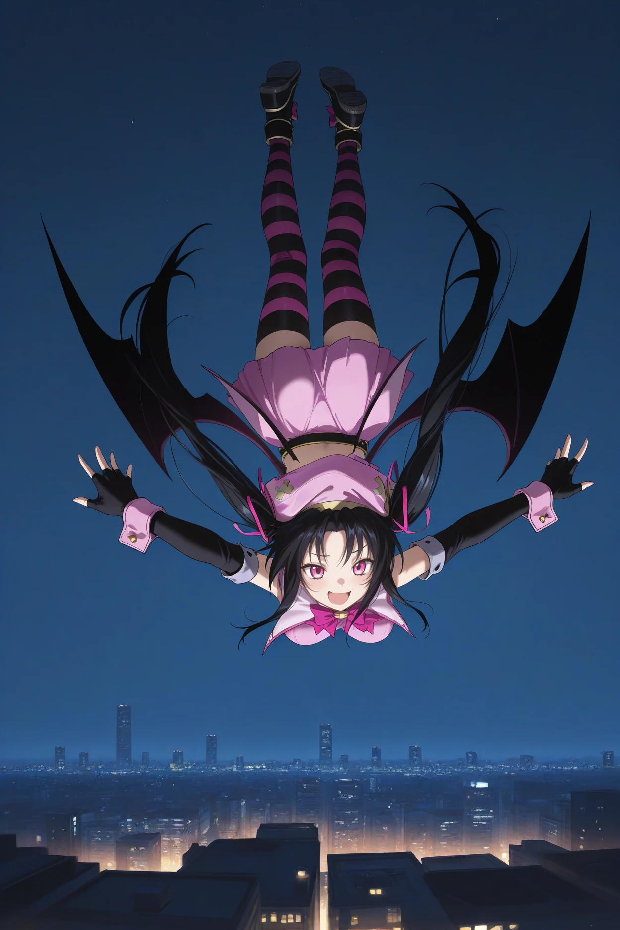 masterpiece, best quality, 1girl, solo, <lora:serafall-illu-nvwls-v1-000006:1> slevtn, black hair, long hair, twintails, hair ribbon, pink eyes, large breasts, pink beret, white collar, pink bowtie, pink shirt, sleeveless shirt, detached sleeves, elbow gloves, black gloves, fingerless gloves, wrist cuffs, midriff, pink skirt, pleated skirt, miniskirt, striped thighhighs, pink thighhighs, black thighhighs, black shoes, low wings, flying, midair, night sky, cityscape, falling, outstretched hands, wide shot, hdr, open mouth, happy, bat wings, smug