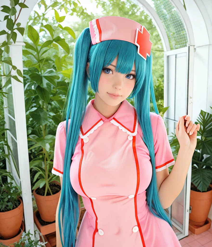1girl, nurse miku, large breasts, blue eyes, garden background, masterpiece, highly detailed <lora:Nurse_Miku_Illustrious:1>