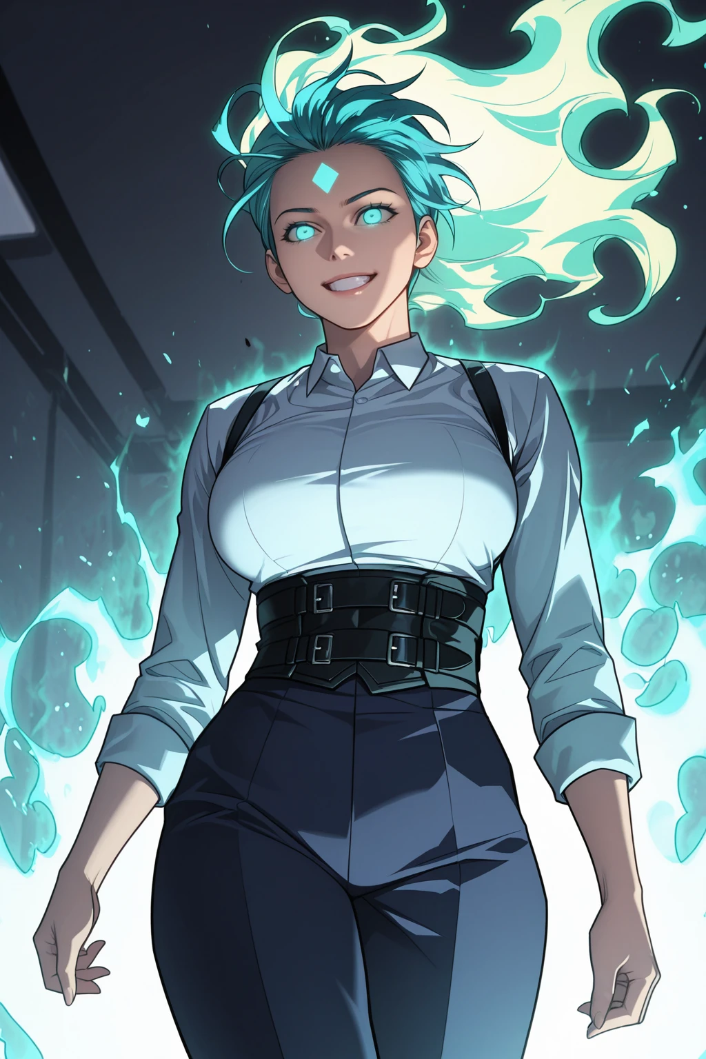 masterpiece, good quality, best quality, very awa, very as2, absurdres, highres,
<lora:Yoo Ah-yeongilluLora:oAhyeong, long hair, two-tone hair, spiked hair, floating hair, glowing hair, forehead mark, aqua eyes, glowing eyes, White collared shirt, suspenders, corset, pants, glowing, aura, grin,