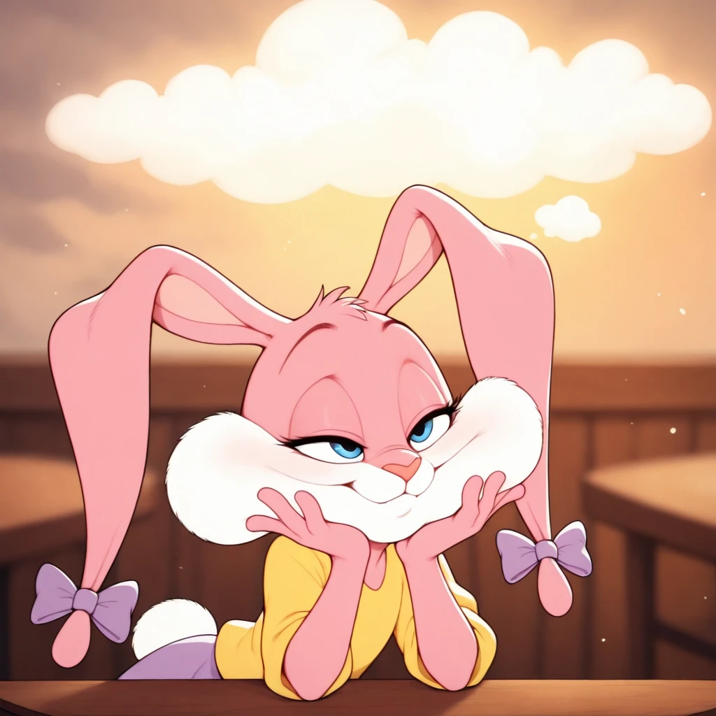 <lora:BabsBunnyOr9_YM:0.7>, solo, Babs, cub, bunny, girl, blue eyes, pink nose, pink body, pink head, pink ears, white cheeks, white tail, erect ears, yellow T-shirt, purple skirt, purple bows on the ears, mouth closed, squinting, lost in thought, cloud overhead, sitting at the table, close-up
BREAK, masterpiece, best quality, high quality, particles effect, [:by Desubox:0.15], [:by Anchee, by Snowskau:0.55], detailed background, detailed foreground, depth of field, backlighting