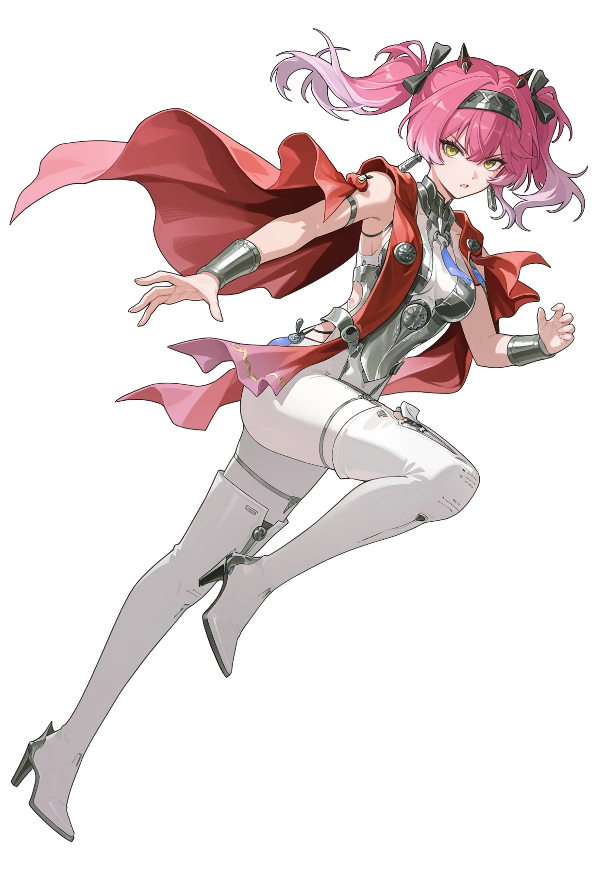 <lora:Lupa v1.0-illustrious-000032:1>,Lupa \(wuthering waves\),solo,breasts,looking at viewer,twintails,open mouth,hairband,boots,thigh boots,high heels,jewelry,leotard,red cape,medium breasts,thighhighs,earrings,white_background,standing,full body,expressionless,frown,fighting stance,standing on one leg,one leg up