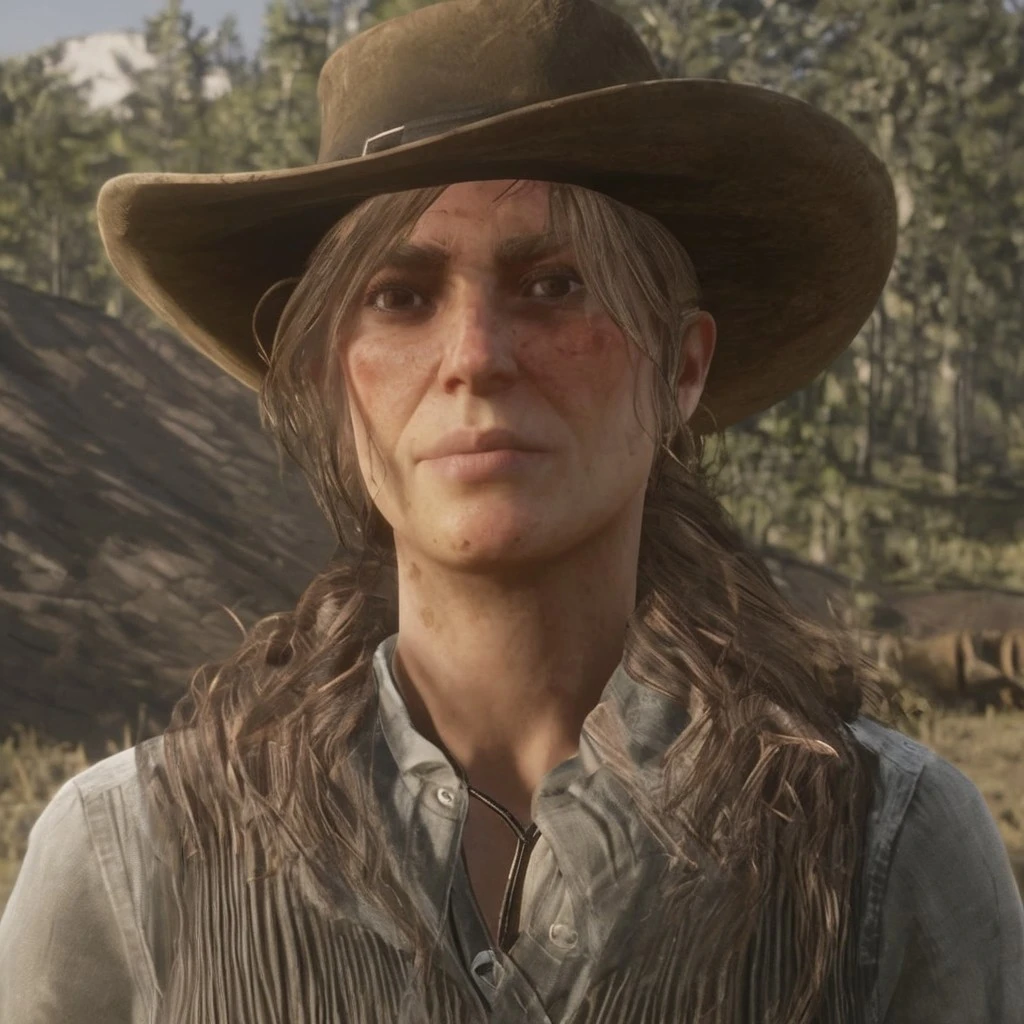 <lora:Carl:0.8> girl, carl, blonde hair, long hair, golden hair, sideswept hair,  ponytail, blue eyes, detailed eyes, large eyes, extreme eye detail, detailed face, (freckles:0.2), looking at viewer, small breasts, flat_chest, cleavage, smile, teeth, tomboy, cute, 
white blouse, unbuttoned at the top, vest, leather jacket, jeans, holsters, revolvers, rifle,
(((Ultra-HD-details))), desert, blue sky, arid, sunshine, sunshine rays on face, light on face, high noon, sharp light,