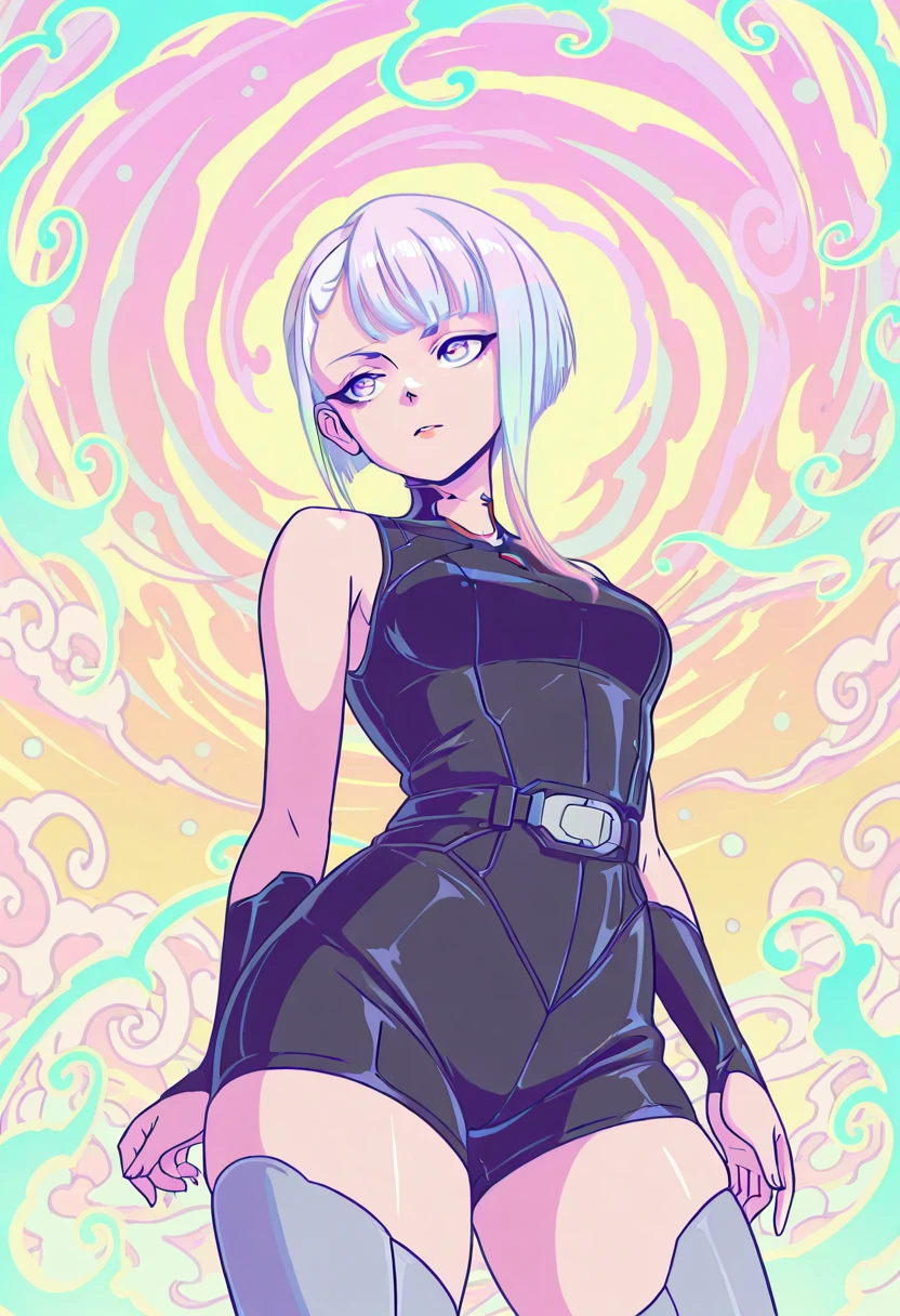 masterpiece, best quality, amazing quality, very aesthetic, high resolution, ultra-detailed, absurdres, newest, scenery, 1girl, solo, cowboy shot, high-low angle,
<lora:Artist_Kanchiyo_Pastel_Bloom_Illustrious:0.6> KCYPastelBloom, psychedelic background, vibrant colors, pastel tones, bold lineart, flat shading, colorful swirl background, vaporwave influence, pop art aesthetic, dynamic pose, <lora:ERLucy:1> ERLucy, 1girl, multicolored hair, asymmetrical hair