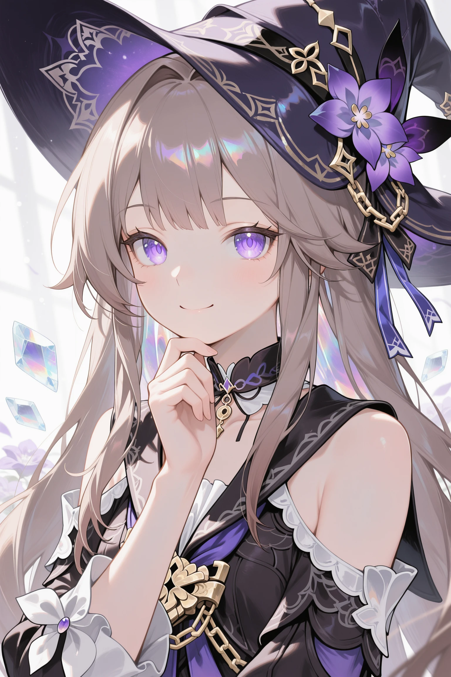 masterpiece, best quality, iridescent_crystaline, the herta (honkai: star rail), 1girl, solo, hat flower, hat, long hair, looking at viewer, purple eyes, purple headwear, flower, bare shoulders, purple flower, smile, upper body, brown hair, dress, witch hat, hand on own chin <lora:Iridescent_crystaline:1>
