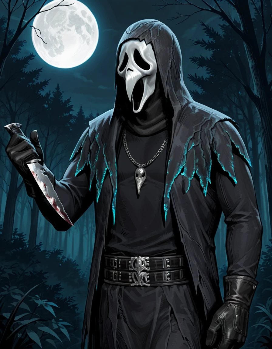 <lora:Ghost_Face_Nevermore_Skin_Dead_by_DaylightIIIustrious:0.8>mask, belt, moon, necklace, gloves, tree, jewelry, hood, coat, solo, 1knife, 1boy, black gloves, raising knife, full moon, ghost face, forest