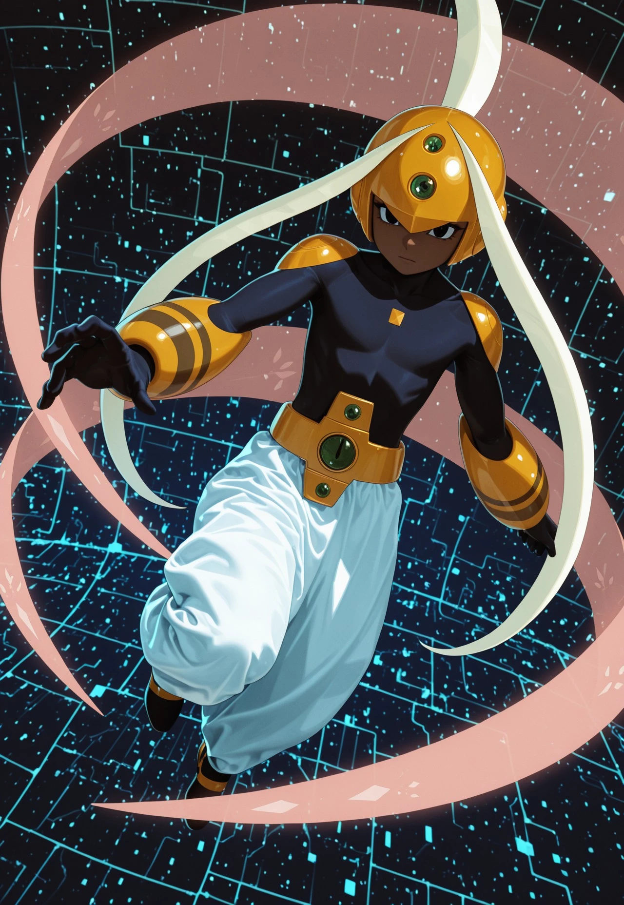 masterpiece,best quality,absurdres,newest,perfect quality,best quality,absolutely eye-catching,detailed background,intricate details,realistic,serenadeexe,1other,solo,full body,dark skin,helmet,long hair,blonde hair,black eyes,bodysuit,vambraces,gloves,belt,baggy pants,shoes,shawl,looking at viewer,
BREAK,(extreme perspective,dynamic composition,dynamic pose,cyberspace:1.2)