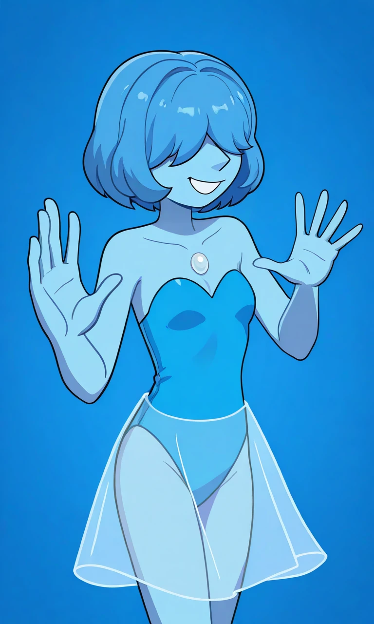 (masterpiece), best quality, a cartoon with green eyes and a blue body, elongated arms, elongated figure, neutral pose, humanoid form, humanoid shape, zoomed out full body, arms extended, distant full body view, full entire body fun pose, 5 fingers). full body, fully body pose, full body pose, serpentine pose gesture, green eyes, boob, no human, smile, no ear, stickman girl