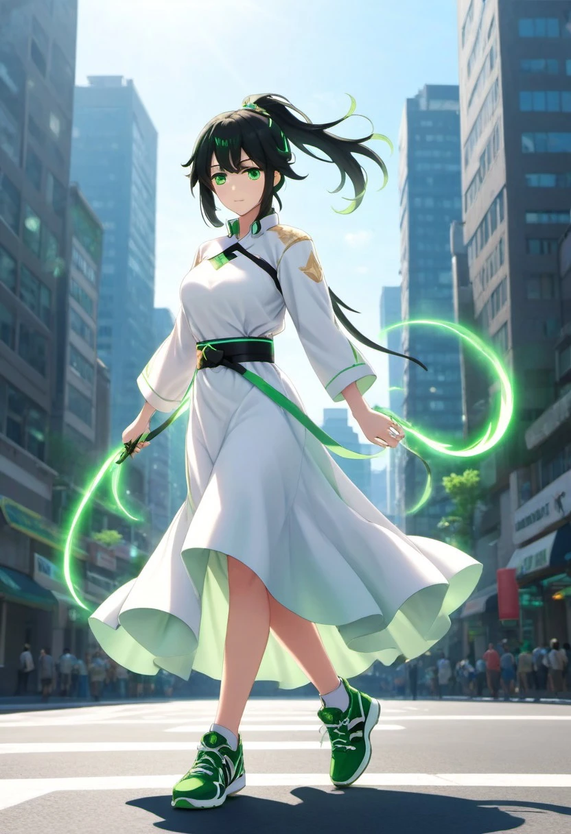 score_9, score_8_up, score_7_up, source_anime, philia_wf, pwf_light, black hair, green highlights, ponytail, green eyes, white dress, belt, green shoes, hair ornament, hands clasped, blinding light,city, focused, dynamic shot, high quality, cowboy shot,