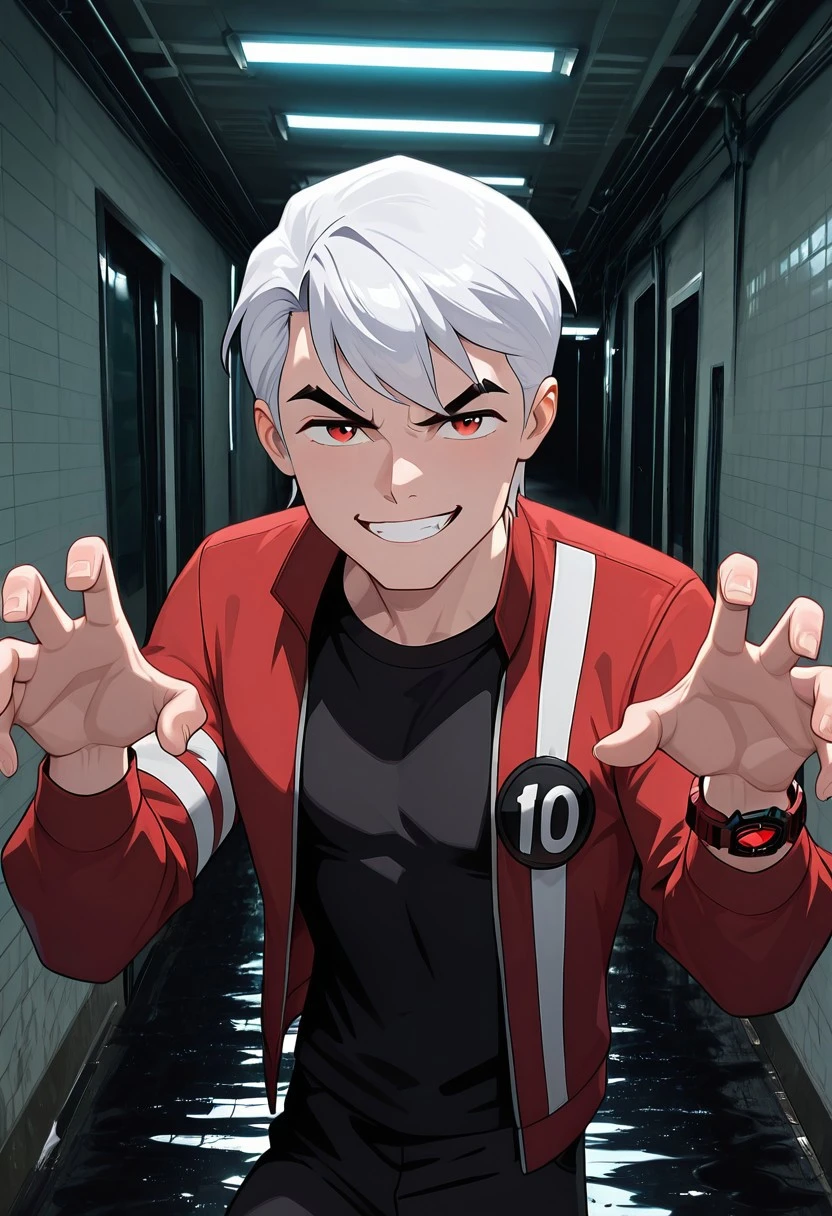 masterpiece, best quality, amazing quality, very aesthetic, absurdres, newest, detailed background,
solo, benuaf, 1boy, , open jacket, black shirt, long sleeves, thick eyebrows, angry,, wide face, wide head,
1boy, short hair,, white hair, red jacket, black pants, rred eyes, red watch,
alleyway, upper body, emerging from darkness, fluid shadows, deep shadows, evil grin, spread hands, hands down, shrug pose,
re4lity_sync_illu, foreshortening, scenery, photo background
