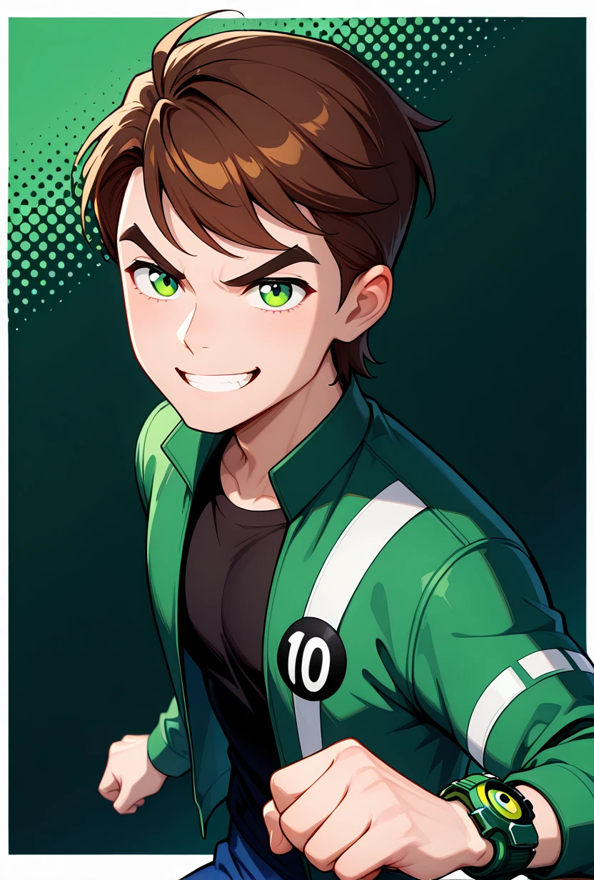 <lora:benuaf-08:1> benuaf, short hair, 1boy, brown hair, green jacket, open jacket, black shirt, long sleeves, thick eyebrows, blue pants, green eyes, dark green background, showing off green watch, angry, smile, clenched teeth, green watch, showing watch, looking at viewer, arm forward, masterpiece, best quality, amazing quality, very aesthetic, absurdres, newest,, upper body, halftone effect, white borders, abstract background:1.2,