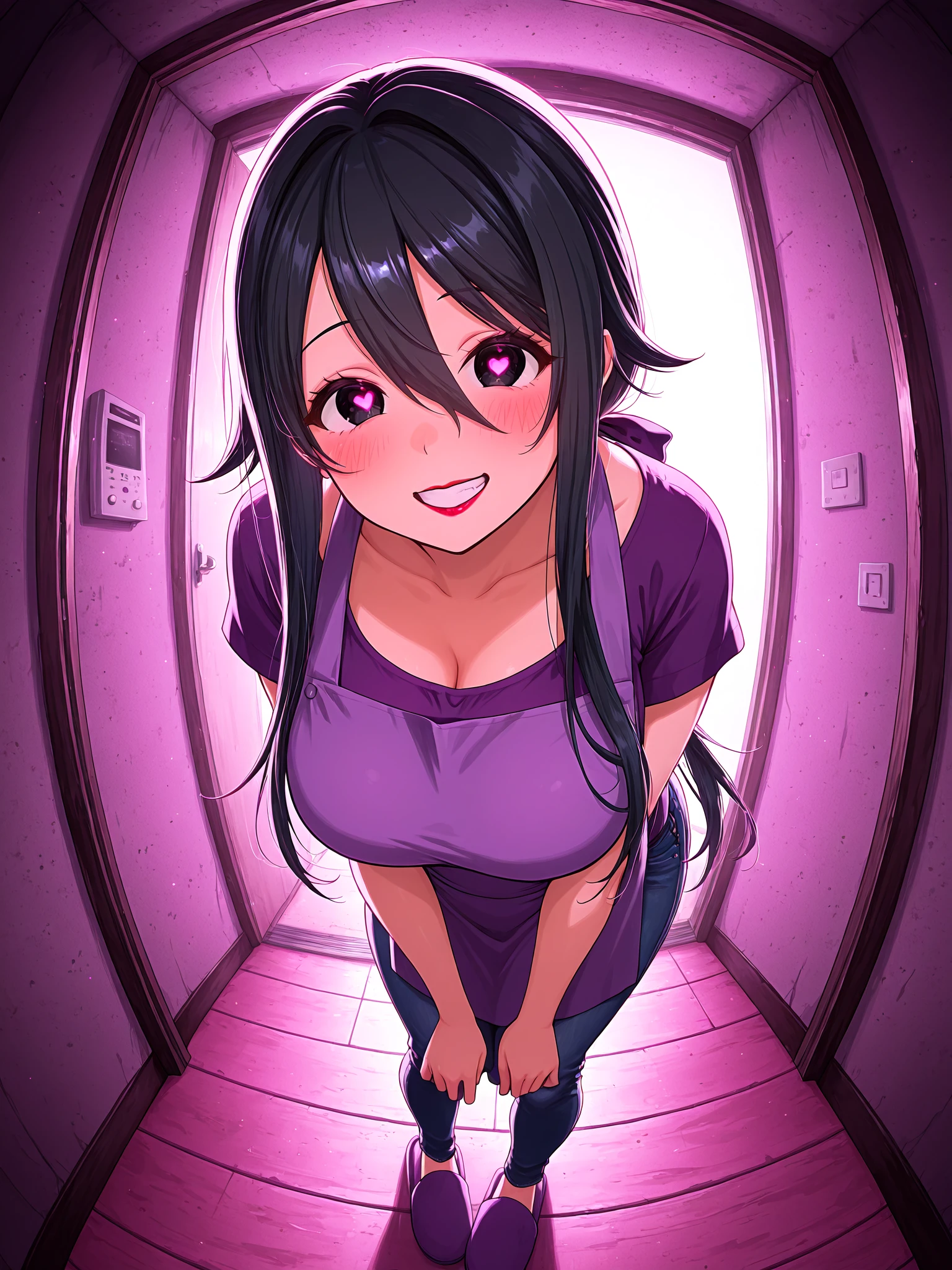 <lora:Ryoba4XL:1> Ryoba_YS, 1girl, long hair, low ponytail, <lora:spo_sdxl_10ep_4k-data_lora_webui:0.5>, solo, masterpiece, best quality, amazing quality, very aesthetic, absurdres, newest, soft lighting, blush, large breasts, grin, black eyes, milf, purple shirt, short sleeves, jeans, purple apron, purple slippers, curvy, hair ribbon, indoors, <lora:V2_yakumo_alchemy:1> yamamomo, <lora:r-hrtdrp:0.3> detailing, basement, heart-shaped eyes, glowing, leaning forward, fisheye, lipstick