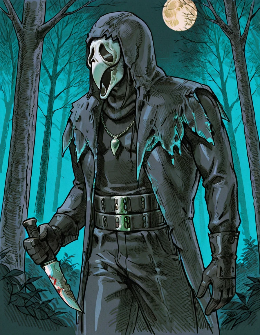 <lora:Ghost_Face_Nevermore_Skin_Dead_by_DaylightIIIustrious:0.8>mask, belt, moon, necklace, gloves, tree, jewelry, hood, coat, solo, 1knife, 1boy, black gloves, raising knife, full moon, ghost face, forest <lora:Marvel_vs._Capcom_2_New_Age_of_Heroes_Style:0.8> mvc2 style, hatching (texture)