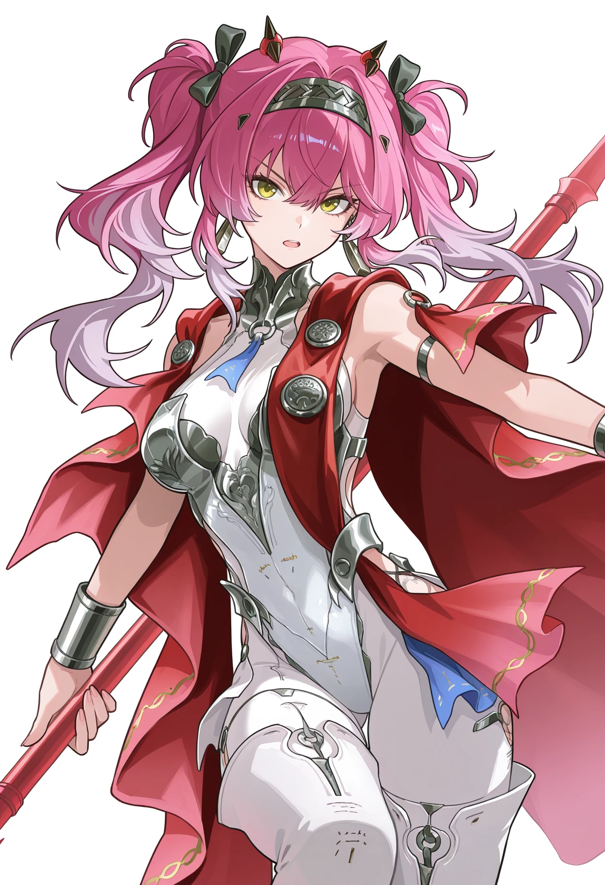 <lora:Lupa v1.0-illustrious-000032:1>,Lupa \(wuthering waves\),solo,breasts,looking at viewer,twintails,open mouth,hairband,boots,thigh boots,high heels,jewelry,leotard,red cape,medium breasts,thighhighs,earrings,white_background,standing,expressionless,frown,fighting stance,polearm,polearm behind back,holding,cowboy_shot,hair ornament,waist tattoo