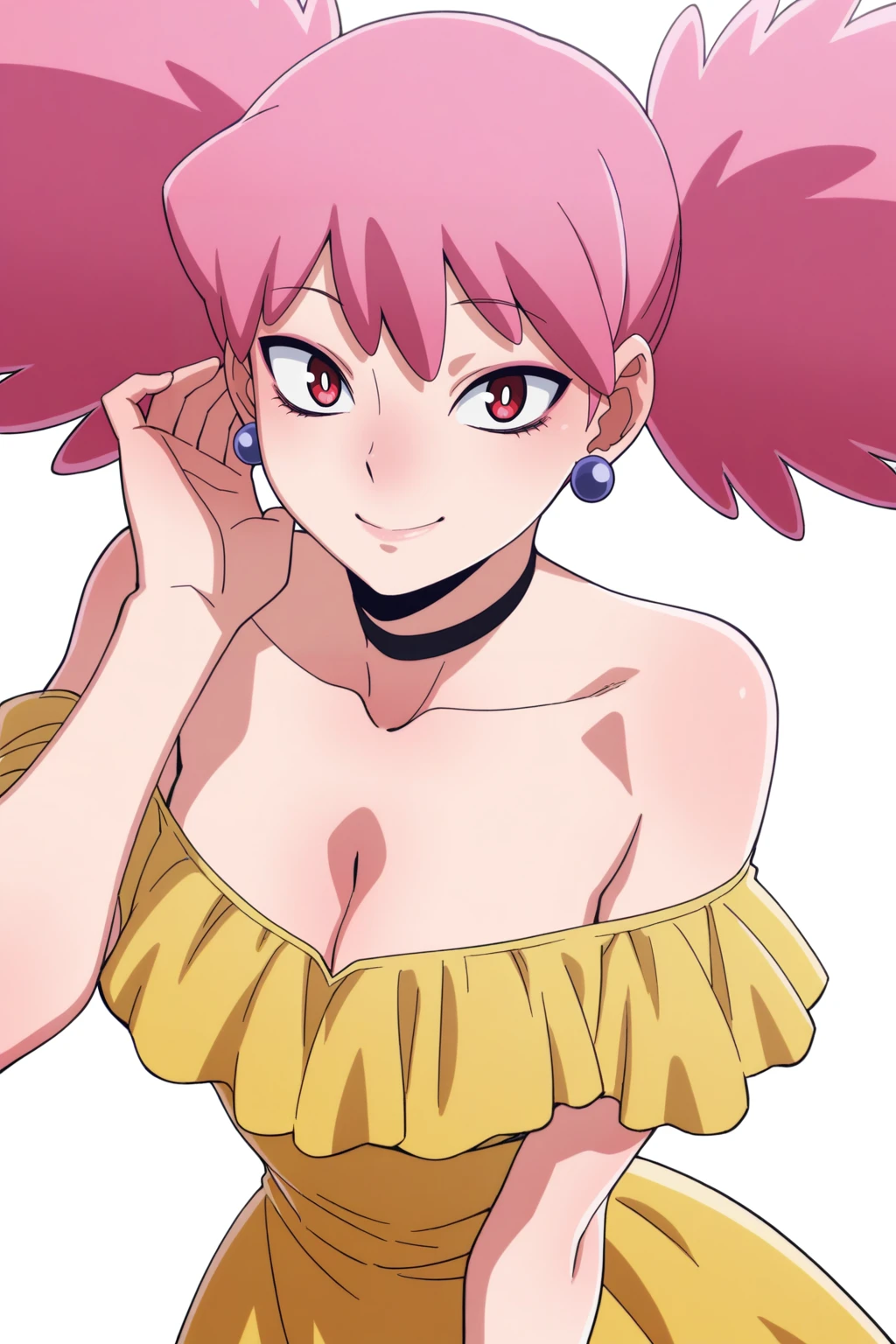 masterpiece, best quality, amazing quality,
<lora:il_contrast_slider_d1 (ЦÐÐТ ÐÐРТÐÐÐÐ):-0.8>
<lora:Kazuho Haneyama:0.8> kazuho_haneyama, 1girl,
breasts, solo, cleavage, dress, earrings, jewelry, choker, off-shoulder dress, white background, looking at viewer, simple background, yellow dress, smile, bare shoulders, off shoulder, black choker, collarbone, hand in own hair, hand up,