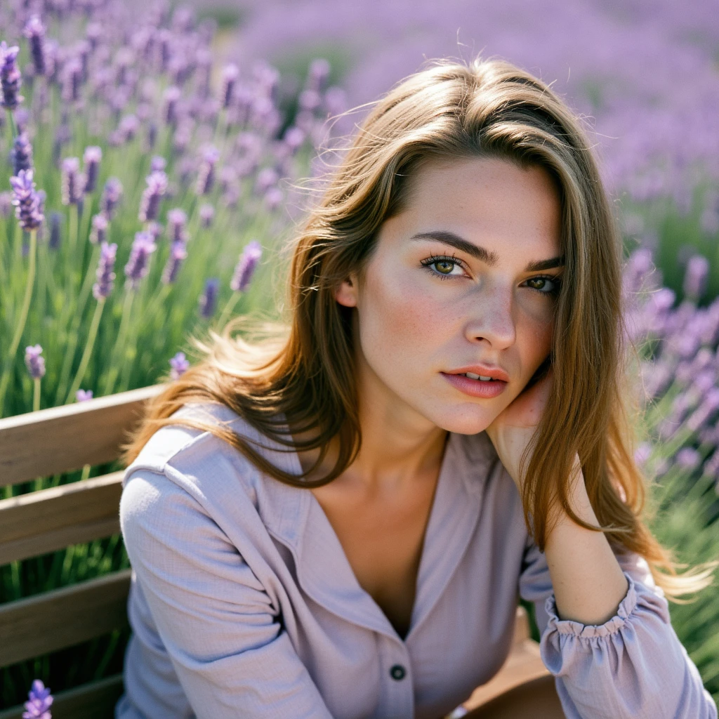 Ultra quality, ultra realistic, ultra detailed skin textures and colors, In the cool morning air of a lavender field in Provence, a stunning woman sits at the edge of a wooden crate, her face turned slightly toward the soft sun, wrapped in a muted lilac linen blouse with a deep v-collar that echoes the fields behind her. Her skin shows every detailâfreckles across her nose, a slight flush on her cheeks, faint crowâs feet at the corners of calm, moss-green eyes. Shot in half-head framing with a Contax 645 and 80mm f/2 lens on Kodak Portra 160 for its ability to gently hold both skin tone and pastel hues, the light is entirely naturalâopen shade with a large white bounce card held under her chin to bring out detail in her lower face. The subtle breeze lifts strands of her hair, and behind her, the lavender hums out of focus, creating a cinematic portrait both intimate and deeply environmental. Every pore, eyelash, and wrinkle is celebrated, not hiddenâthis is not polished beauty, but elevated honesty.
 <lora:Detailed Skin&Textures Flux V3:0.8> dsv4