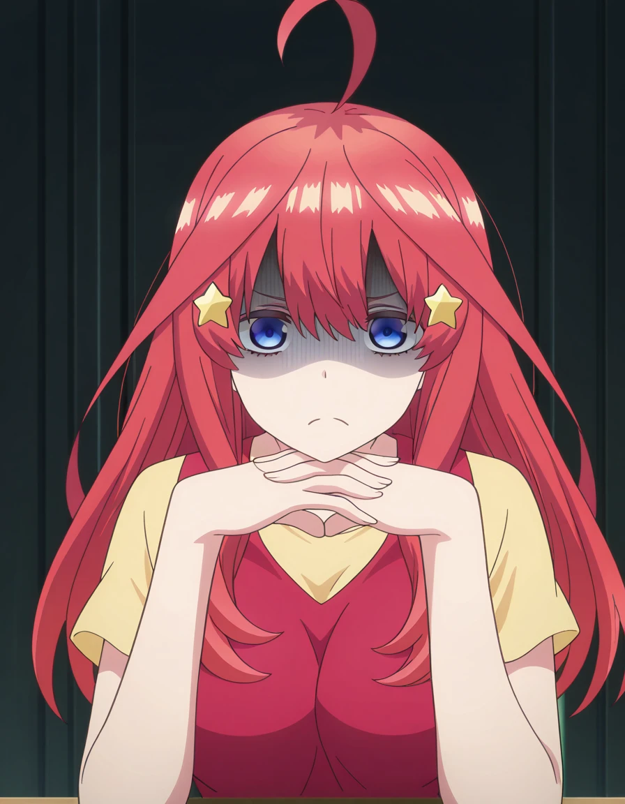 masterpiece, best quality, amazing quality,, <lora:itsuki-nakano-s1-illustriousxl-lora-nochekaiser:1>, itsuki nakano, nakano itsuki, bangs, blue eyes, hair between eyes, ahoge, red hair, star (symbol), hair ornament, star hair ornament, mature female, breasts, anime screencap, <lora:gendou-pose-illustriousxl-lora-nochekaiser:1>, gendou pose, own hands clasped, own hands together, parody, shaded face, looking at viewer, frown, elbow rest,, , ,
