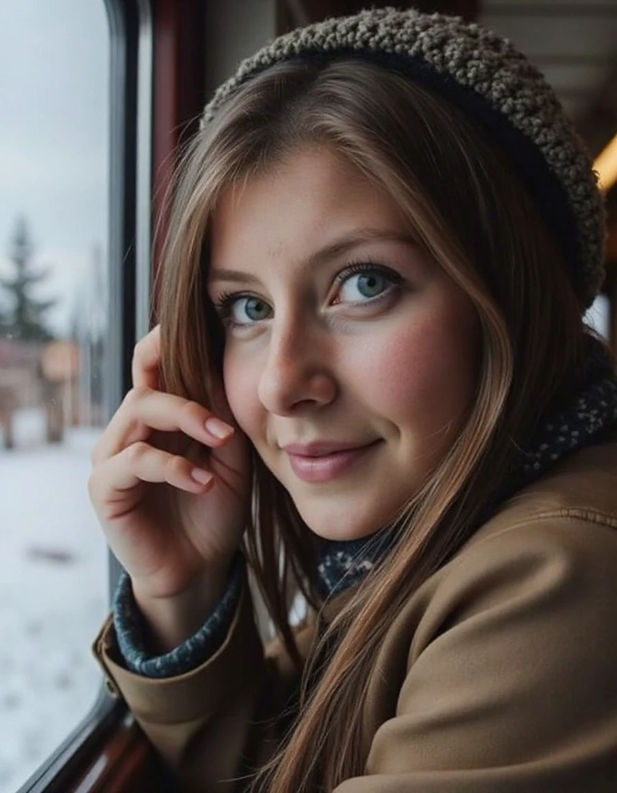 - A woman leaning against a train window, her face reflecting nostalgia as she watches the blurred scenery pass by. She wears a warm coat and a beanie, her fingers tracing faint patterns on the glass. <lora:miriamhamberg:1>,<lora:a_Turbo-Alpha:1>,