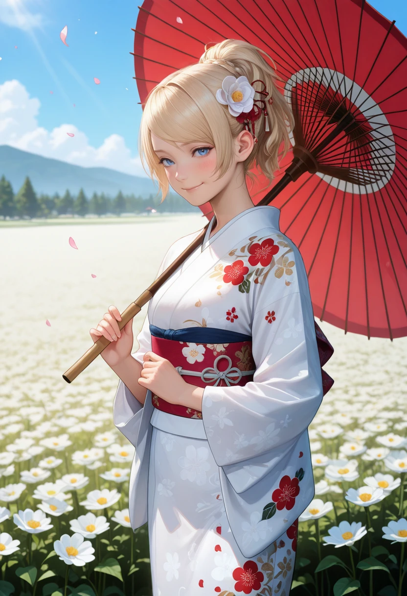 masterpiece, very aesthetic, best quality, absurdres, newest, solo,
<lora:ILFFLuna:1>
FFLuna, 1girl, blonde hair, ponytail, blue eyes, looking at viewer, hair flower, white kimono, japanese clothes, oil-paper umbrella, hair ornament, smile, outdoors, falling petals, white flower, sash, holding umbrella, floral print, obi,wide sleeves, closed mouth, long sleeves, day, cowboy shot, print kimono, blush, flower field, standing, sky, red umbrella
