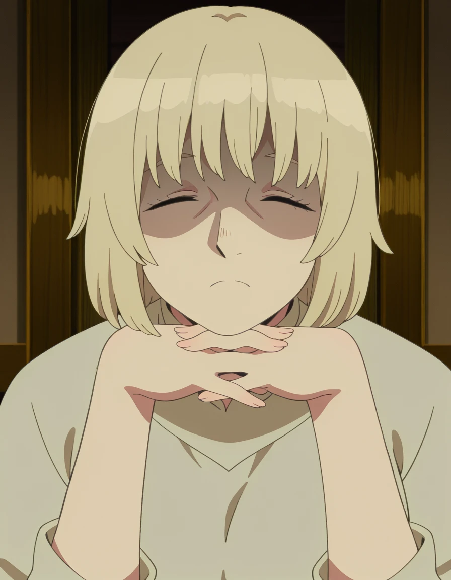 masterpiece, best quality, amazing quality,, <lora:falin-touden-s1-illustriousxl-lora-nochekaiser:1>, falin touden, short hair, blonde hair, closed eyes, mature female, breasts, anime screencap,, <lora:gendou-pose-illustriousxl-lora-nochekaiser:1>, gendou pose, own hands clasped, own hands together, parody, shaded face, looking at viewer, frown, elbow rest,, , ,