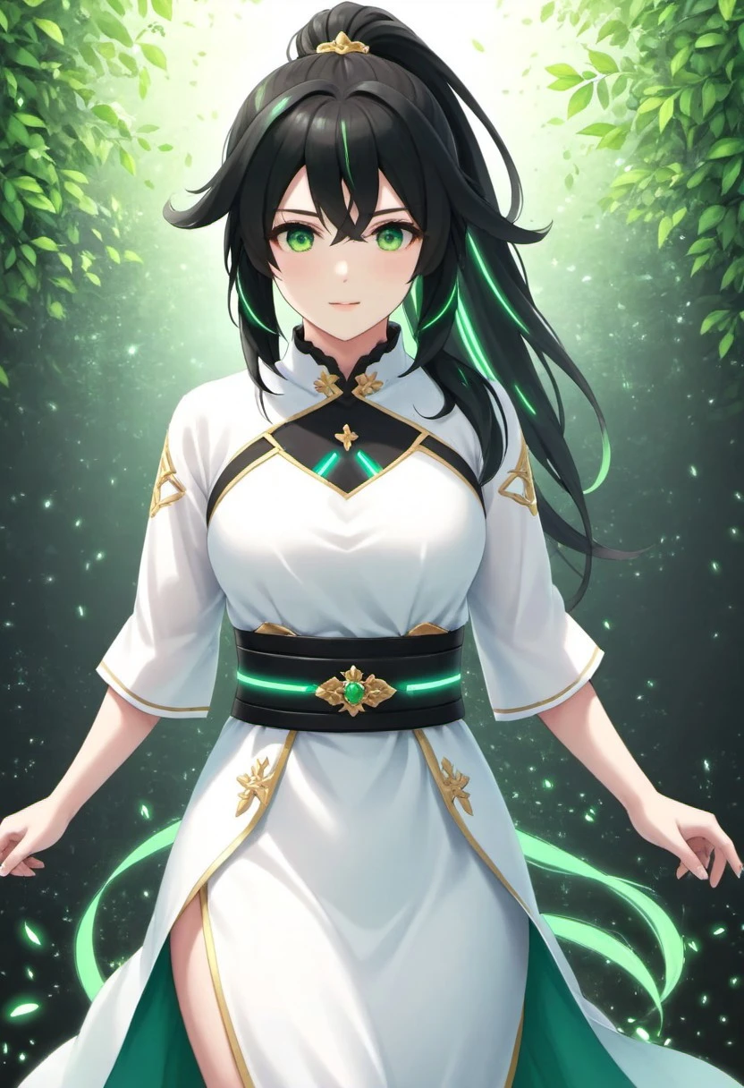 Source_anime, absurdres, 4k quality, 1girl, philia_wf, solo, pwf_light, black hair, green highlights, ponytail, green eyes, white dress, belt, portrait, studio quality, detailed, hair ornament good hands, good eyes