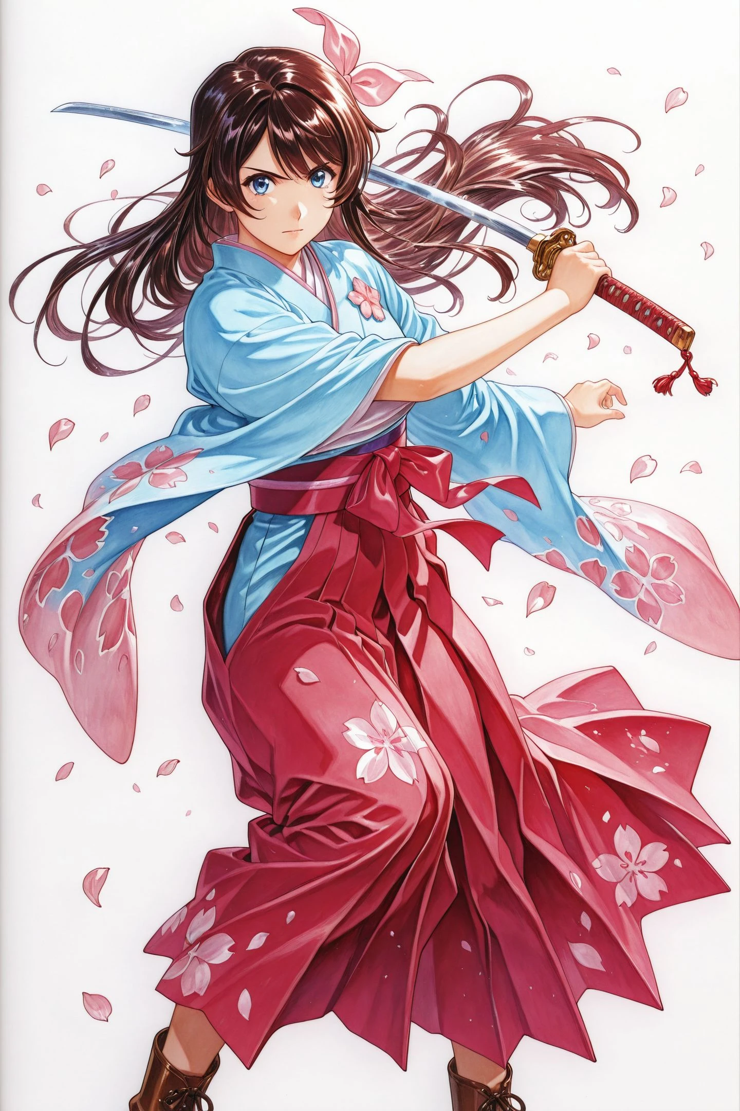 Sakura Amamiya,1girl,weapon,sword,solo,katana,japanese clothes,long hair,boots,hakama,holding weapon,hakama skirt,blue eyes,holding sword,holding,skirt,looking at viewer,blue kimono,white background,brown hair,petals,wide sleeves,ribbon,cherry blossoms,black hair,upper body,traditional media,
<lora:New Sakura Wars_illustriousXL:0.8>,
<lora:Sakura Wars_illustriousXL:1>,