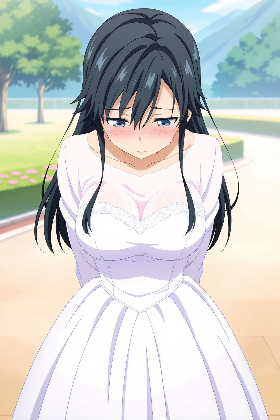 best quality, official art, anime screenshot, anime coloring, wedding dress, full dress, long sleeves, 1girl, solo, breasts, long hair, black hair, blue eyes, sanshokuin_sumireko <lora:RGV_Pansy_ORSK:0.9>, , outdoor, looking at down, head down, embarrassed, blushing, shy, arms behind back