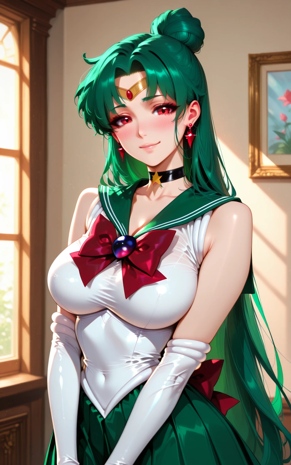 ((masterpiece)), Highest quality, Very detailed,(One Girl), Sailor Pluto XL,lipstick,carmine eyes,hair bun,single hair bun,gloves,long hair,dark green hair,elbow gloves,white gloves,jewelry,earrings,black choker,tiara,Bare legs,、 Long Hair,Beautiful background ,Completely naked, chest, Bent body,Lie in, Look to the side, Worried face, The female genitals are in full view, Drunk look, Hot body、Sweaty、Spread your legs、Opening the vagina with your fingers、Female genitalia seen deep inside、 Browsing Caution,