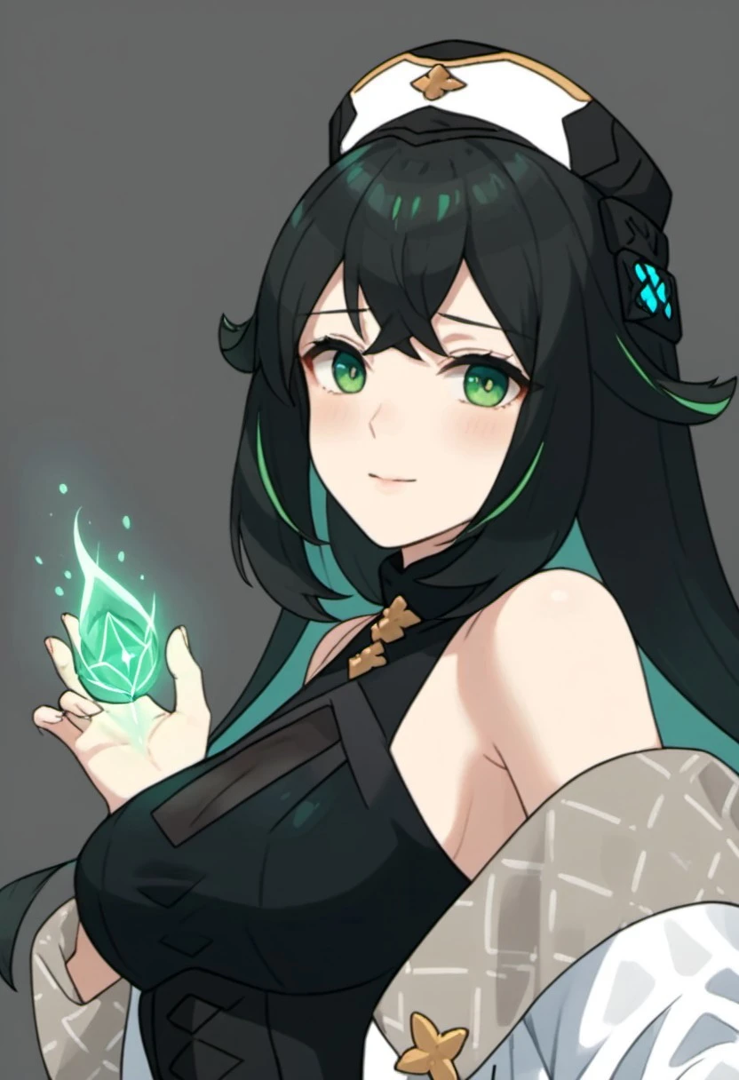 Source_anime, absurdres, 4k quality, 1girl, solo, philia_wf, pwf_meteor, black hair, green highlights, green eyes, hat, black dress, coat, bare shoulders, portrait, studio quality, detailed, good hands, good eyes, sultry, aroused, blushing