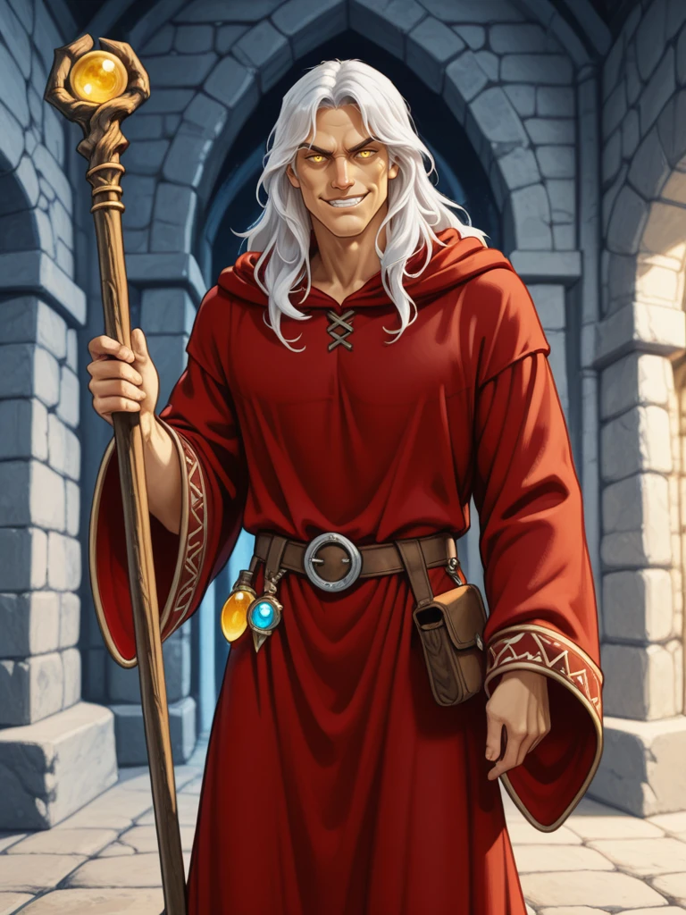 solo,
looking at the viewer, smiling, smirking
standing in a dungeon
<lora:Raistlin_Majere__Dragonlance:0.7>
raistlin,,
rrobe, red robe
long hair, white hair, yellow eyes, ,
masculine, male,,
wizard,, staff,